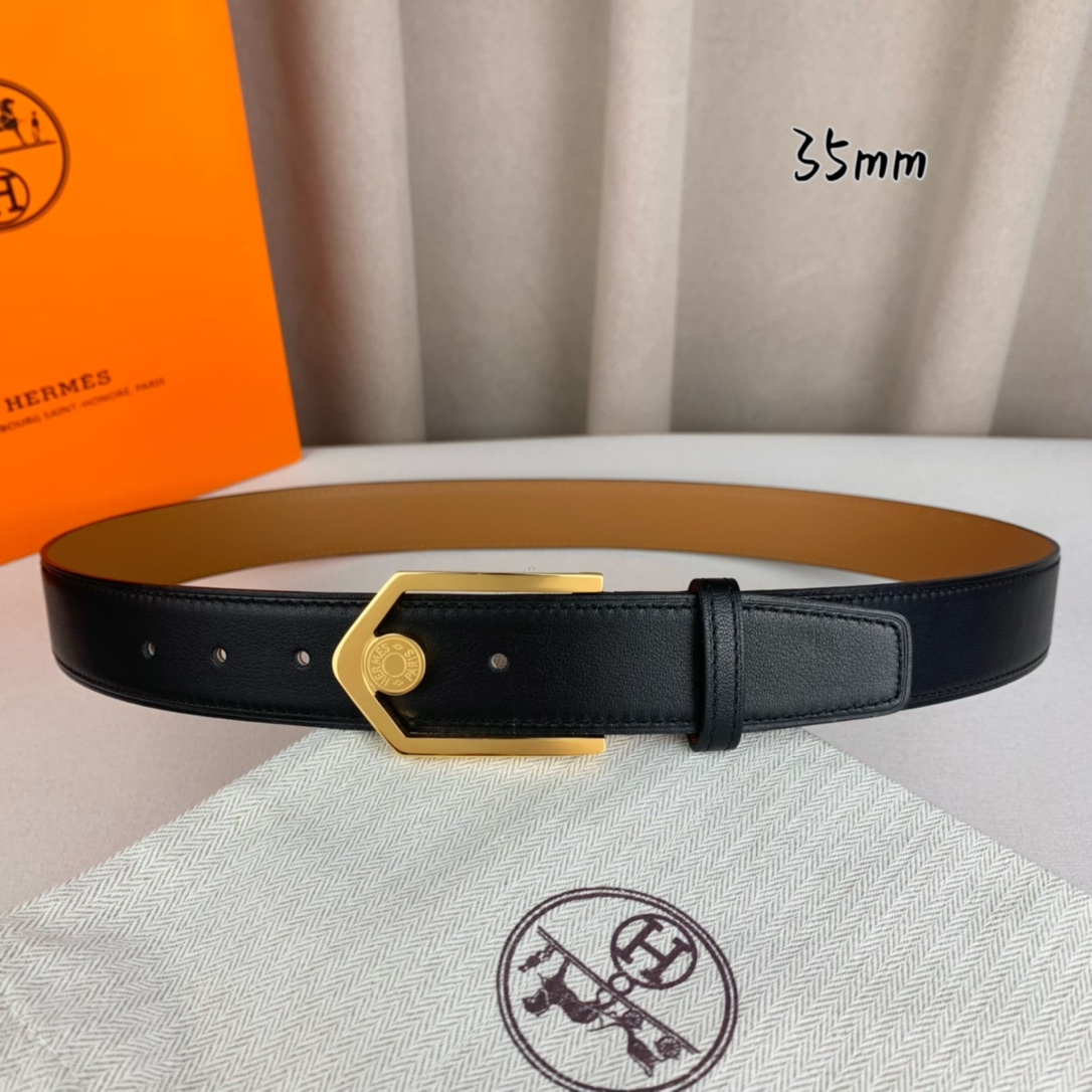 Hermès 爱马仕 新款皮带  原单品质  进口头层牛皮 黑色平纹面搭配土黄色平纹底  35mm宽  