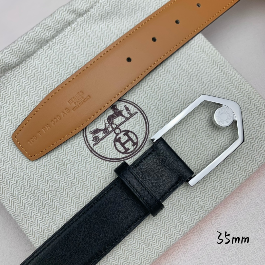 Hermès 爱马仕 新款皮带  原单品质  进口头层牛皮 黑色平纹面搭配土黄色平纹底  35mm宽  