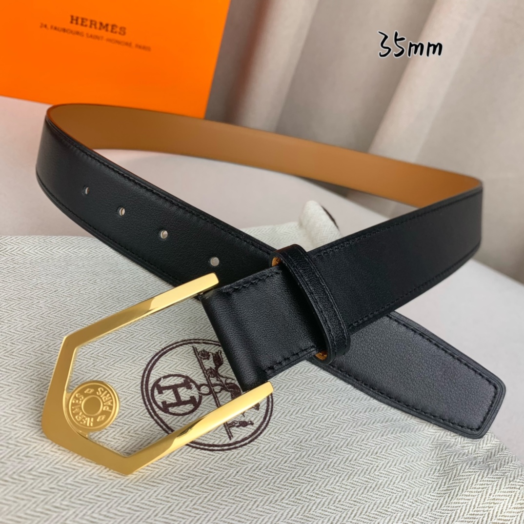 Hermès 爱马仕 新款皮带  原单品质  进口头层牛皮 黑色平纹面搭配土黄色平纹底  35mm宽  