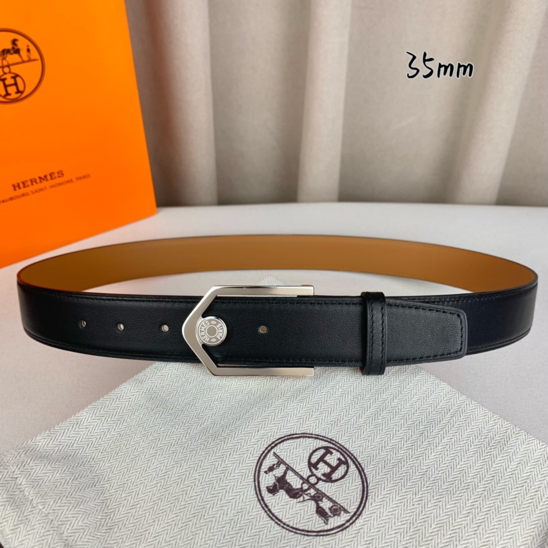 Hermès 爱马仕 新款皮带  原单品质  进口头层牛皮 黑色平纹面搭配土黄色平纹底  35mm宽  