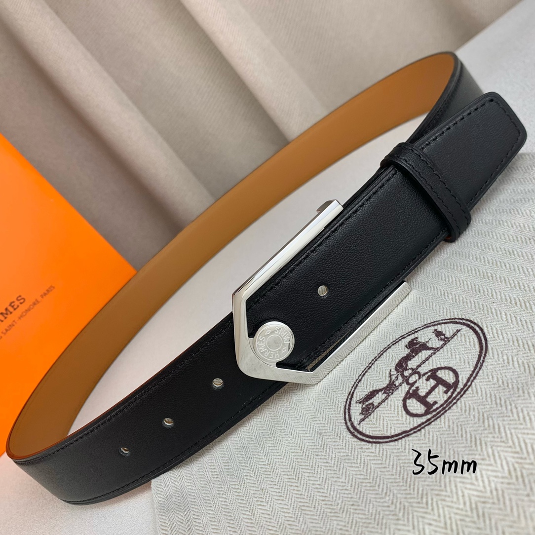 Hermès 爱马仕 新款皮带  原单品质  进口头层牛皮 黑色平纹面搭配土黄色平纹底  35mm宽  