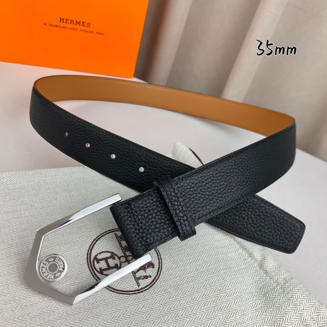 Hermès 爱马仕 新款皮带  原单品质  进口头层牛皮 黑色荔枝纹面搭配土黄色平纹底  35mm宽 