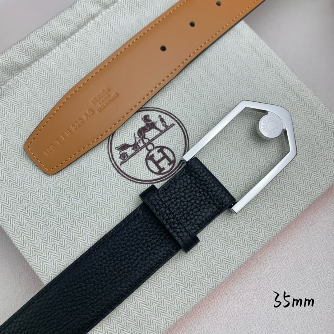Hermès 爱马仕 新款皮带  原单品质  进口头层牛皮 黑色荔枝纹面搭配土黄色平纹底  35mm宽 