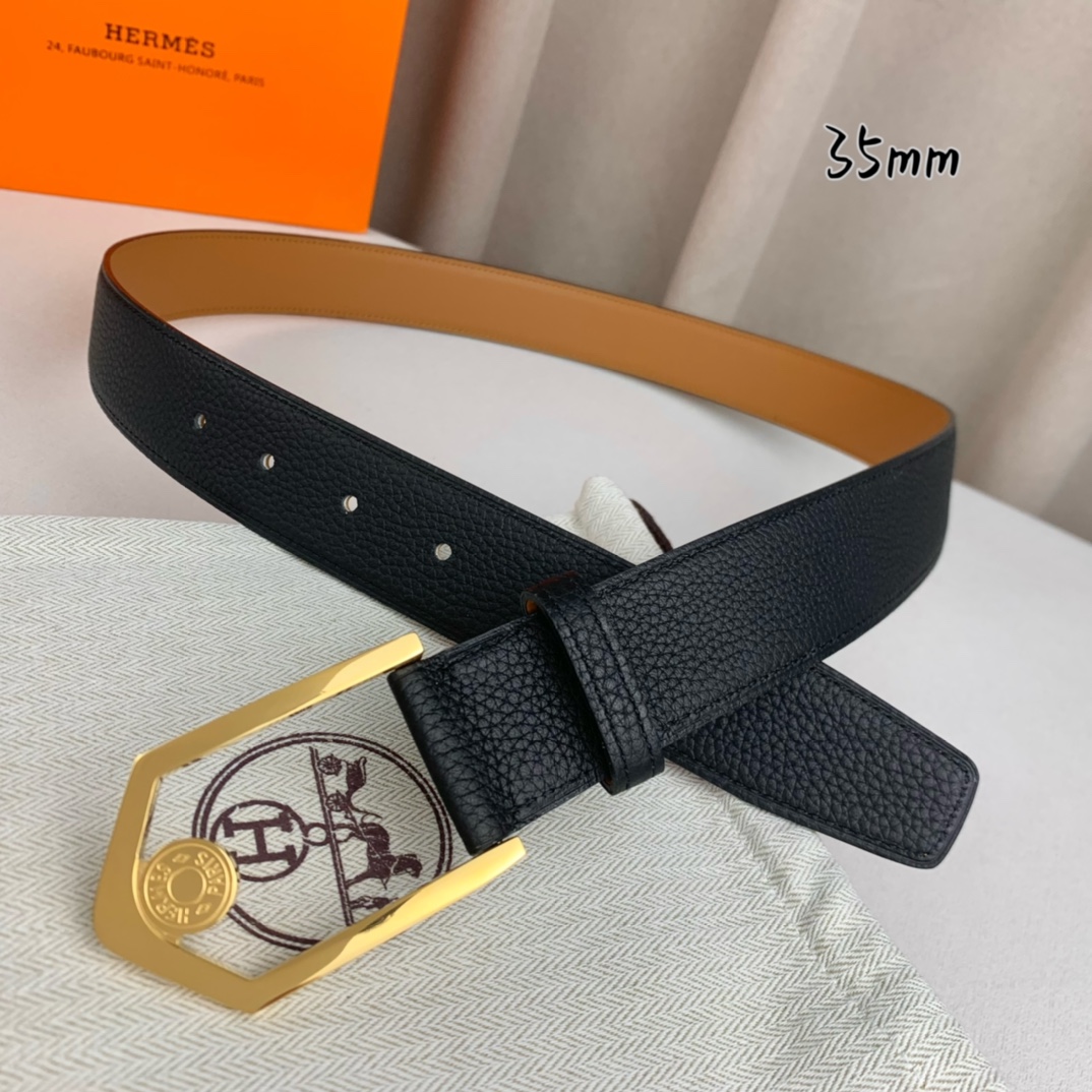 Hermès 爱马仕 新款皮带  原单品质  进口头层牛皮 黑色荔枝纹面搭配土黄色平纹底  35mm宽 