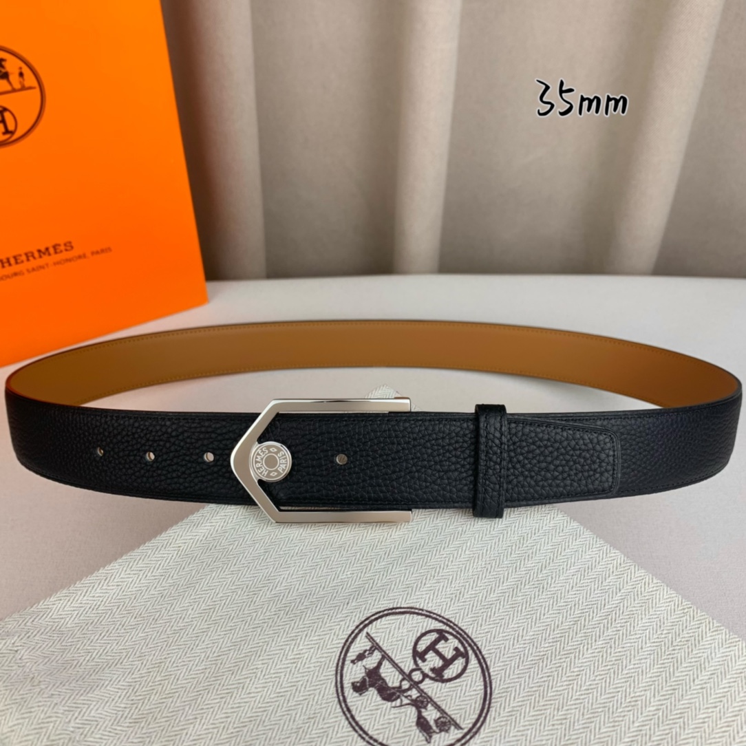 Hermès 爱马仕 新款皮带  原单品质  进口头层牛皮 黑色荔枝纹面搭配土黄色平纹底  35mm宽 