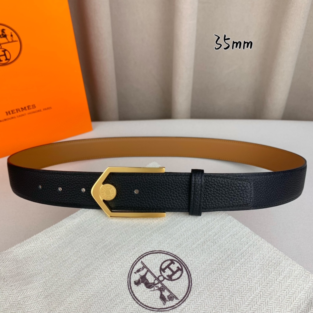 Hermès 爱马仕 新款皮带  原单品质  进口头层牛皮 黑色荔枝纹面搭配土黄色平纹底  35mm宽 