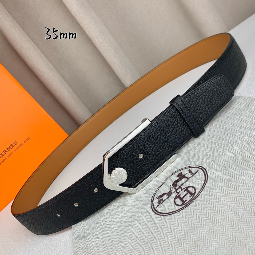Hermès 爱马仕 新款皮带  原单品质  进口头层牛皮 黑色荔枝纹面搭配土黄色平纹底  35mm宽 