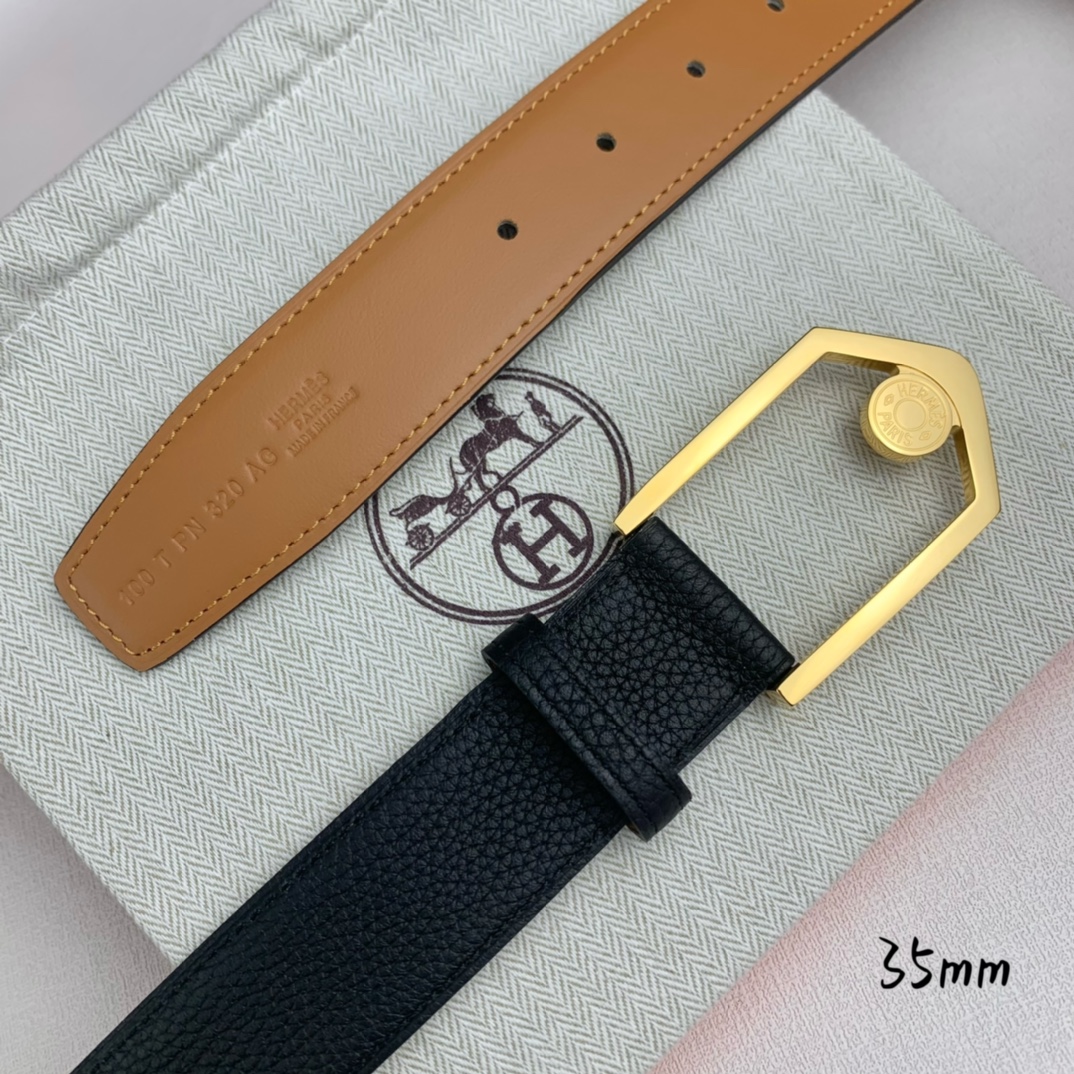 Hermès 爱马仕 新款皮带  原单品质  进口头层牛皮 黑色荔枝纹面搭配土黄色平纹底  35mm宽 
