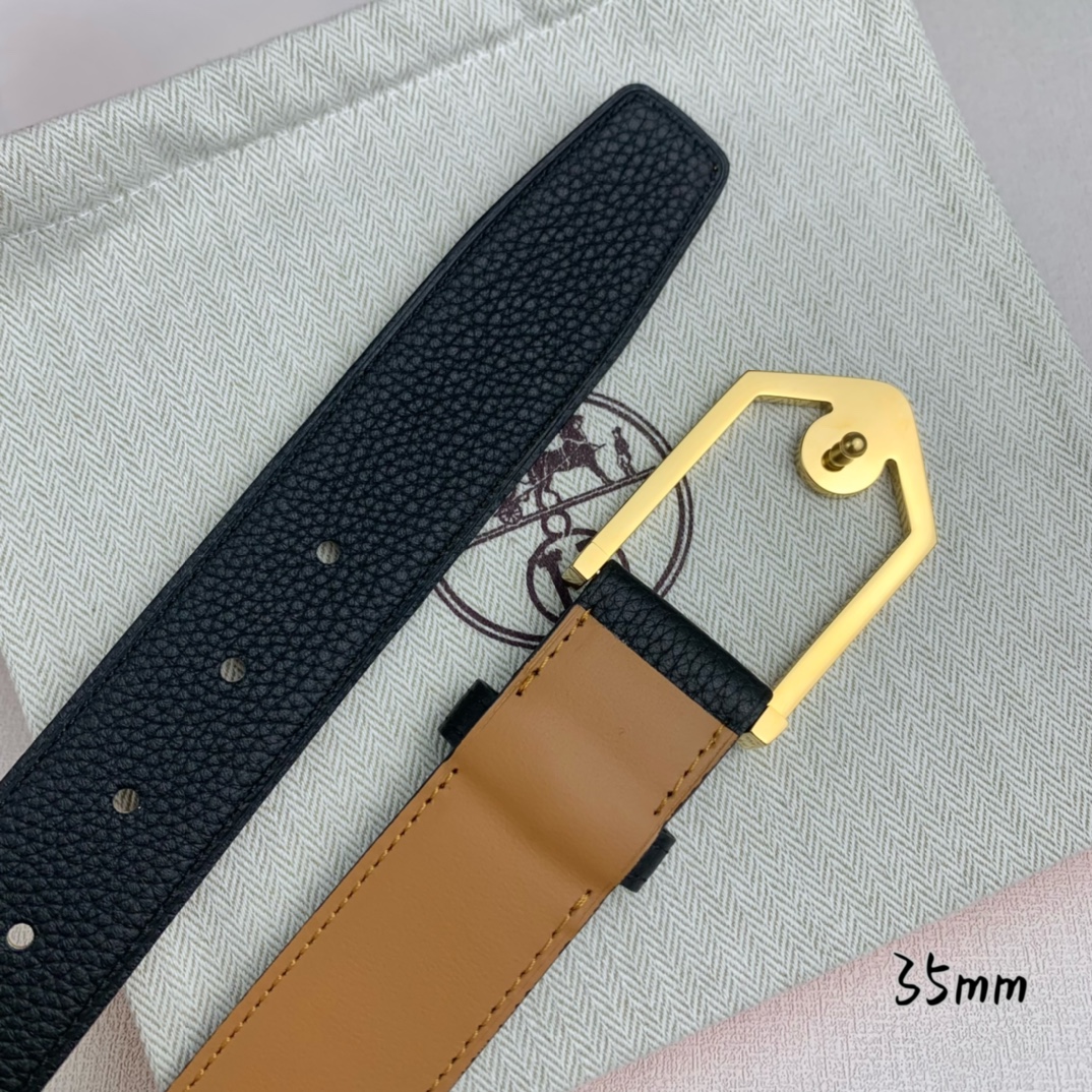 Hermès 爱马仕 新款皮带  原单品质  进口头层牛皮 黑色荔枝纹面搭配土黄色平纹底  35mm宽 