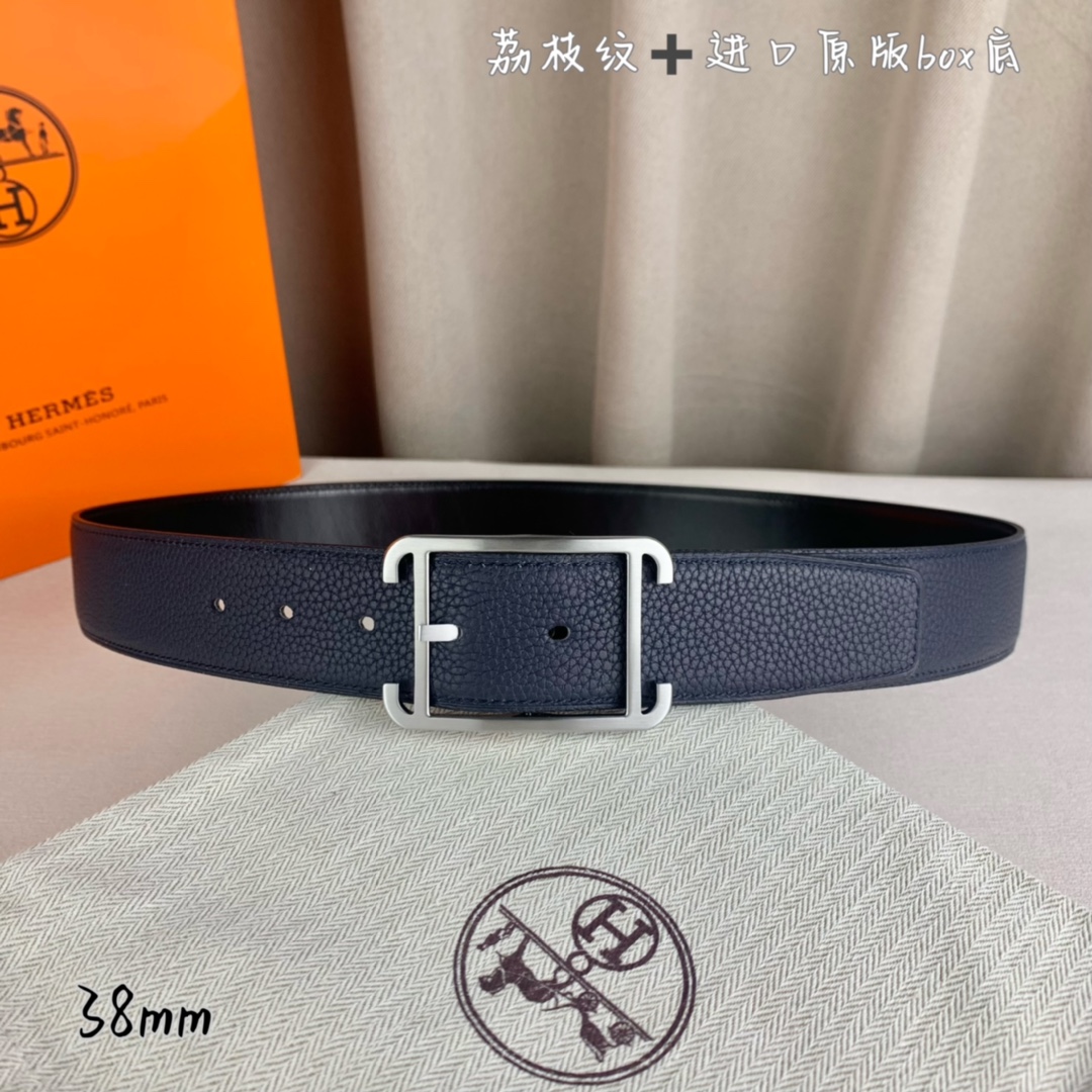 Hermès 爱马仕针扣 原单品质 进口头层牛皮 深蓝色荔枝纹