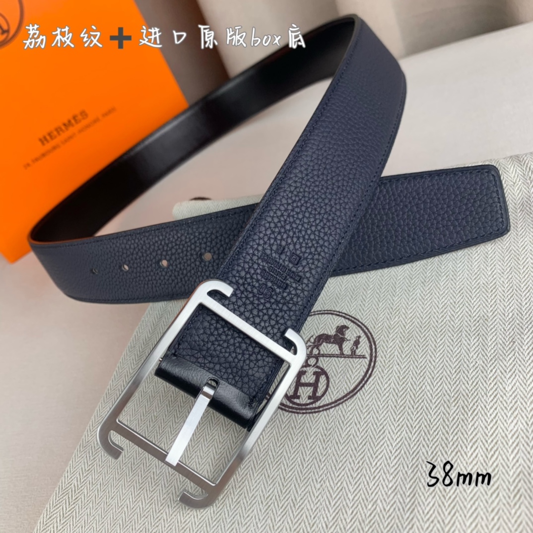 Hermès 爱马仕针扣 原单品质 进口头层牛皮 深蓝色荔枝纹
