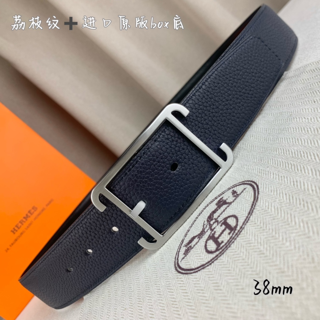 Hermès 爱马仕针扣 原单品质 进口头层牛皮 深蓝色荔枝纹