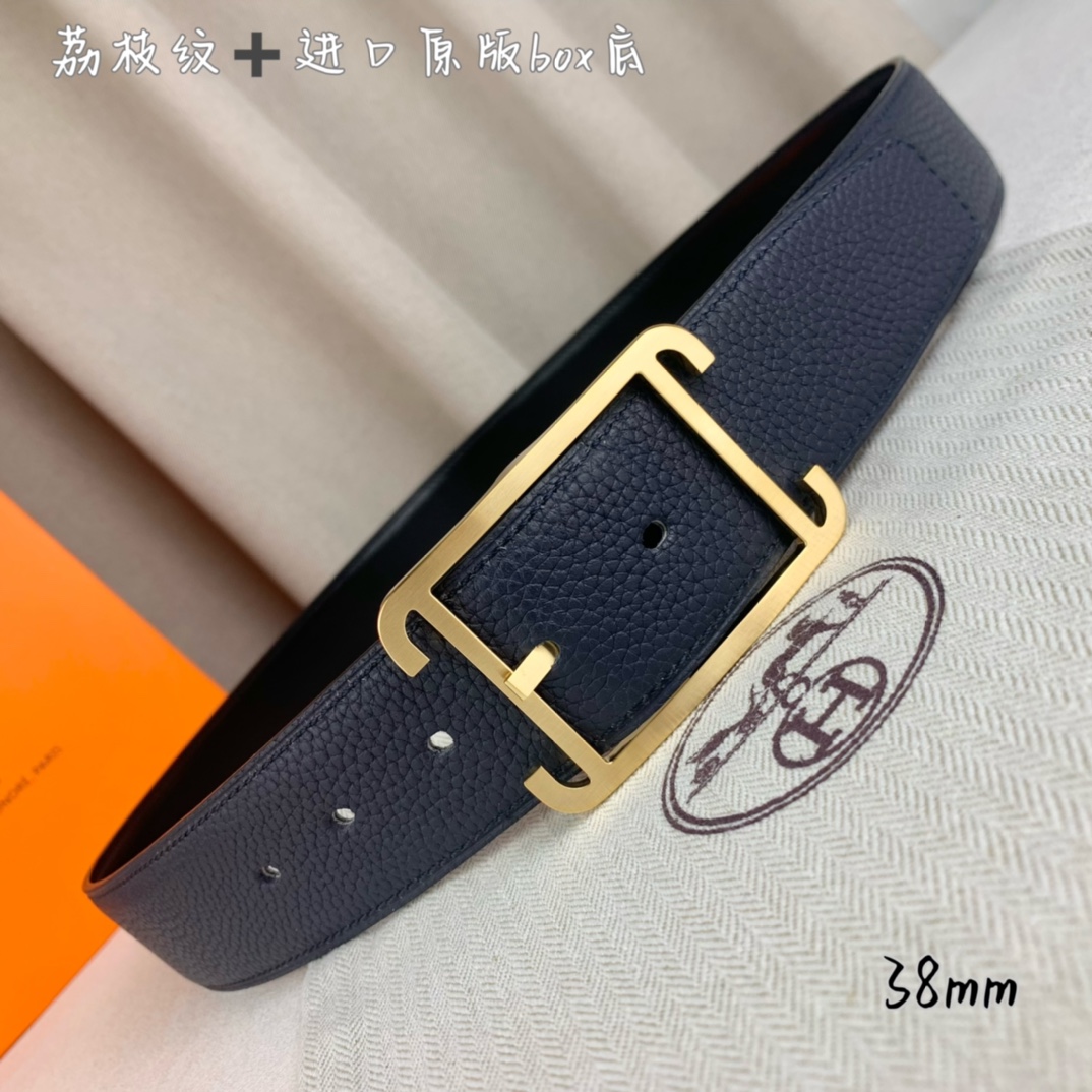 Hermès 爱马仕针扣 原单品质 进口头层牛皮 深蓝色荔枝纹