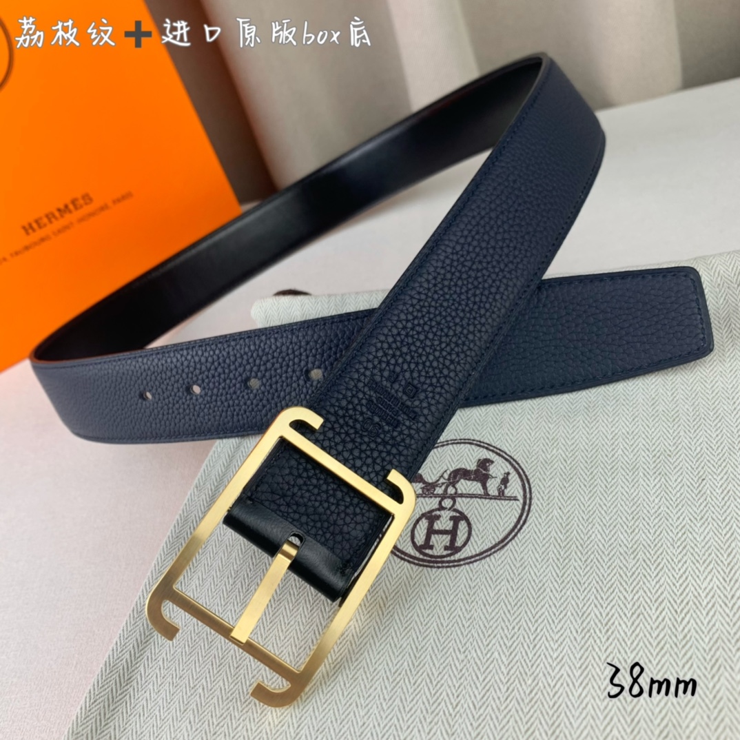 Hermès 爱马仕针扣 原单品质 进口头层牛皮 深蓝色荔枝纹