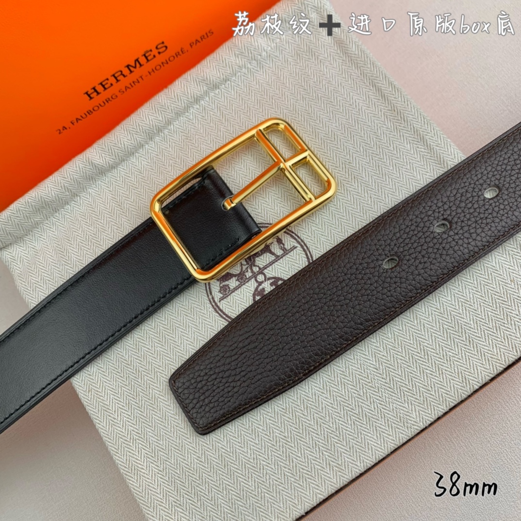 Hermès 爱马仕针扣  原单品质 进口头层牛皮 咖啡色荔枝纹搭配进口原版box黑色平纹底   38mm宽  双面可用
