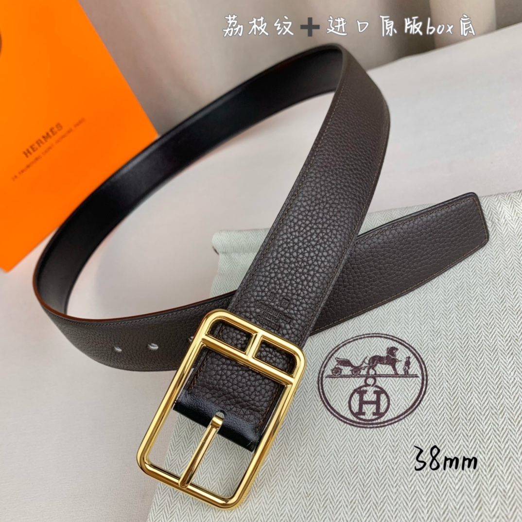 Hermès 爱马仕针扣  原单品质 进口头层牛皮 咖啡色荔枝纹搭配进口原版box黑色平纹底   38mm宽  双面可用