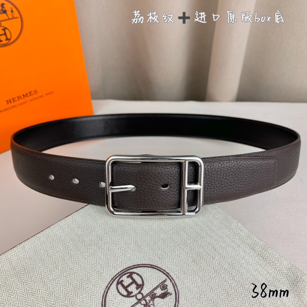 Hermès 爱马仕针扣  原单品质 进口头层牛皮 咖啡色荔枝纹搭配进口原版box黑色平纹底   38mm宽  双面可用
