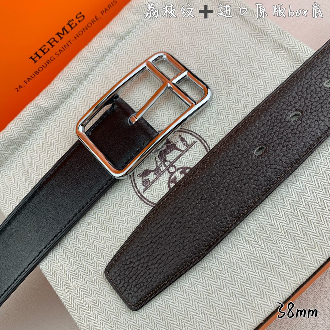 Hermès 爱马仕针扣  原单品质 进口头层牛皮 咖啡色荔枝纹搭配进口原版box黑色平纹底   38mm宽  双面可用