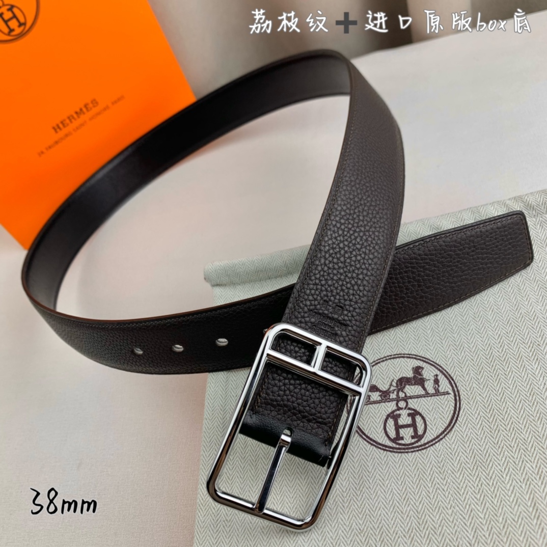 Hermès 爱马仕针扣  原单品质 进口头层牛皮 咖啡色荔枝纹搭配进口原版box黑色平纹底   38mm宽  双面可用