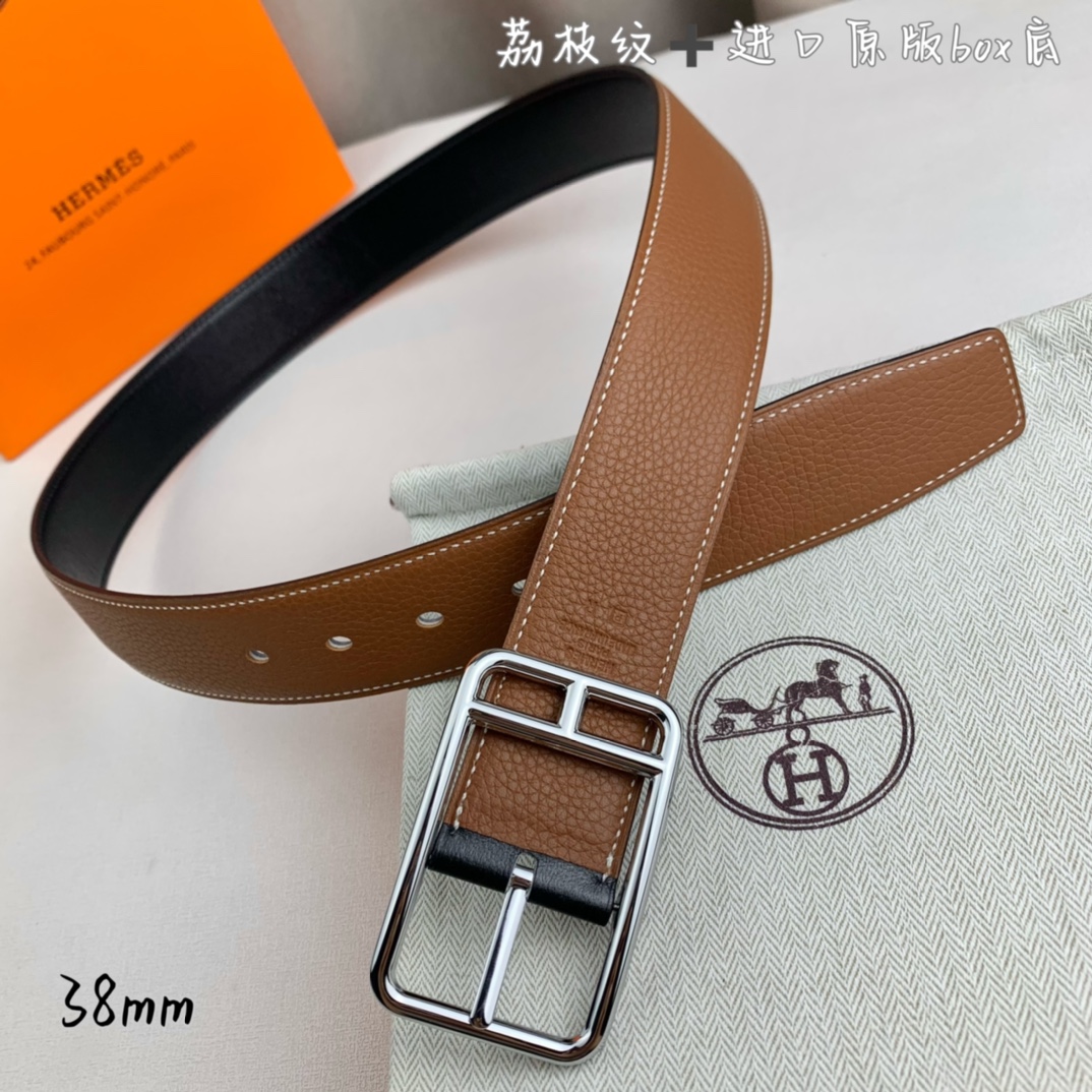 Hermès 爱马仕针扣  原单品质 进口头层牛皮 土黄色荔枝纹搭配进口原版box黑色平纹底   38mm宽  双面可用