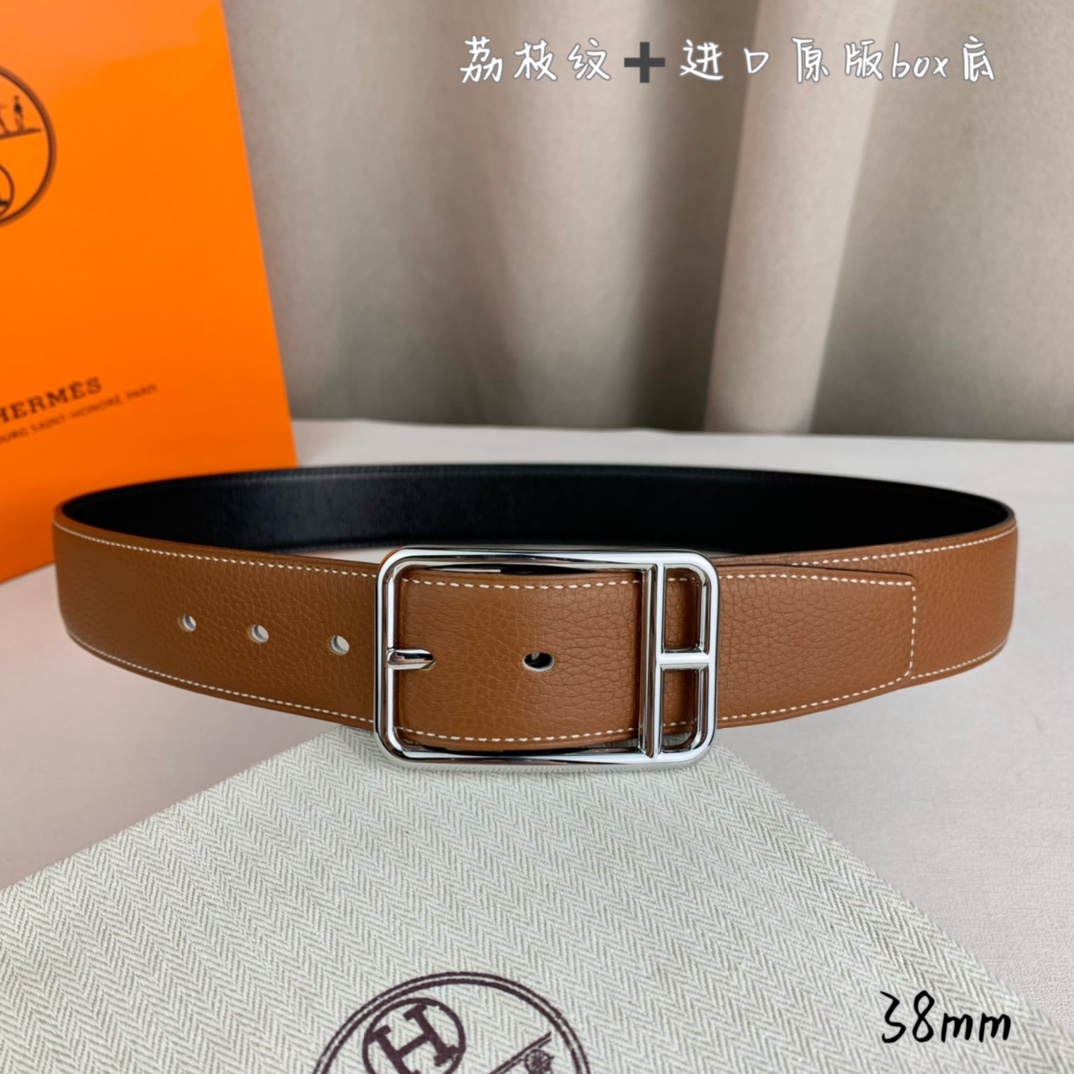 Hermès 爱马仕针扣  原单品质 进口头层牛皮 土黄色荔枝纹搭配进口原版box黑色平纹底   38mm宽  双面可用