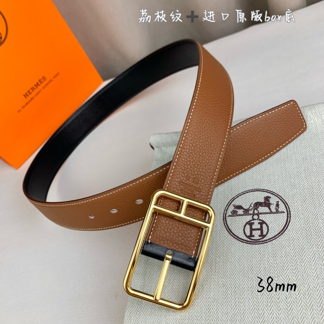 Hermès 爱马仕针扣  原单品质 进口头层牛皮 土黄色荔枝纹搭配进口原版box黑色平纹底   38mm宽  双面可用