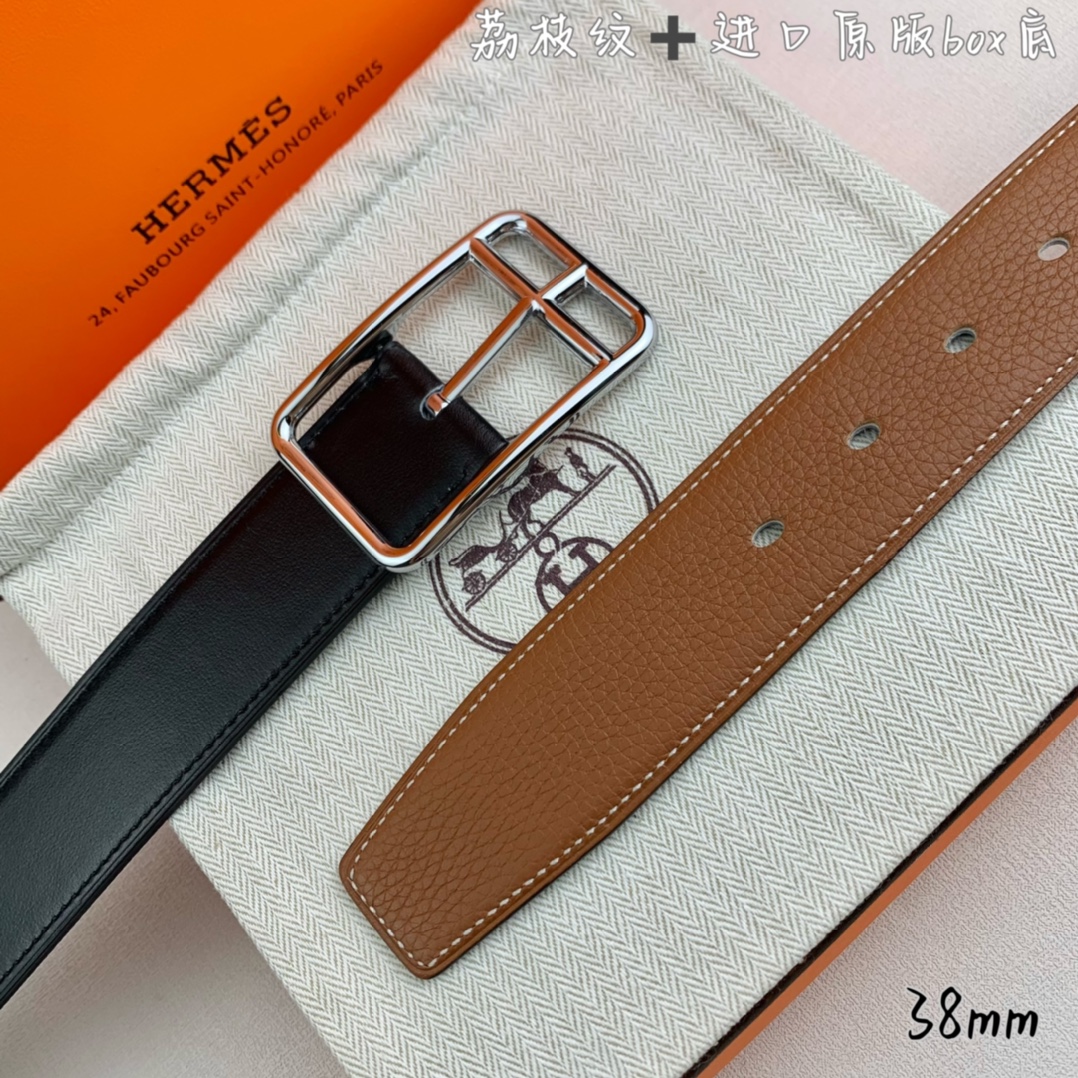Hermès 爱马仕针扣  原单品质 进口头层牛皮 土黄色荔枝纹搭配进口原版box黑色平纹底   38mm宽  双面可用