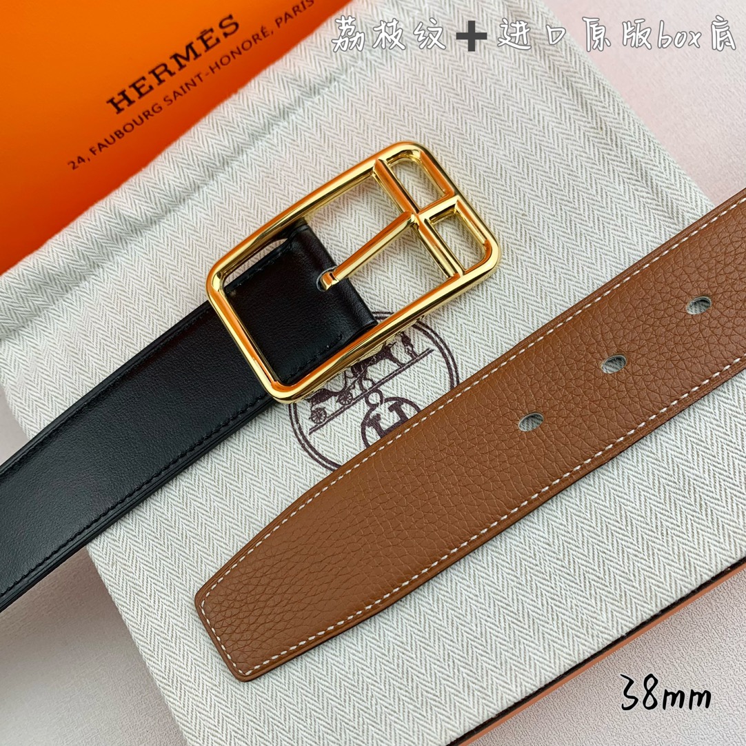 Hermès 爱马仕针扣  原单品质 进口头层牛皮 土黄色荔枝纹搭配进口原版box黑色平纹底   38mm宽  双面可用
