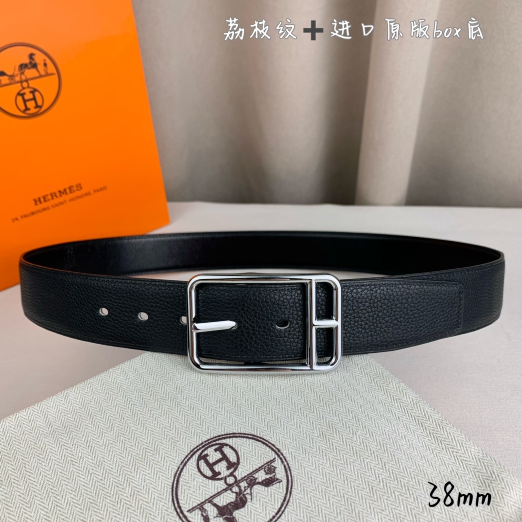 Hermès 爱马仕针扣  原单品质 进口头层牛皮 黑色荔枝纹搭配进口原版box黑色平纹底   38mm宽  双面可用 