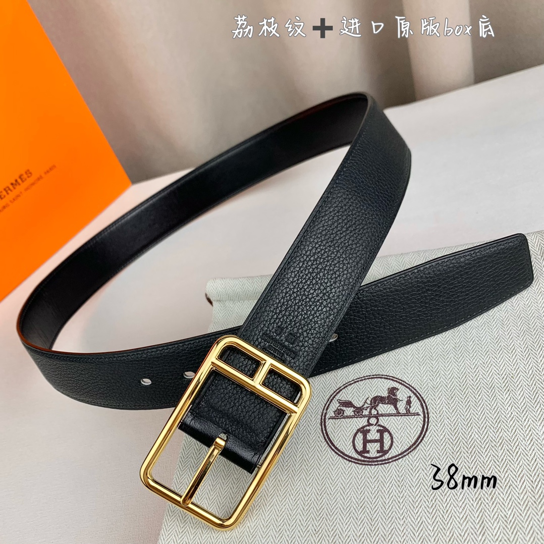 Hermès 爱马仕针扣  原单品质 进口头层牛皮 黑色荔枝纹搭配进口原版box黑色平纹底   38mm宽  双面可用 