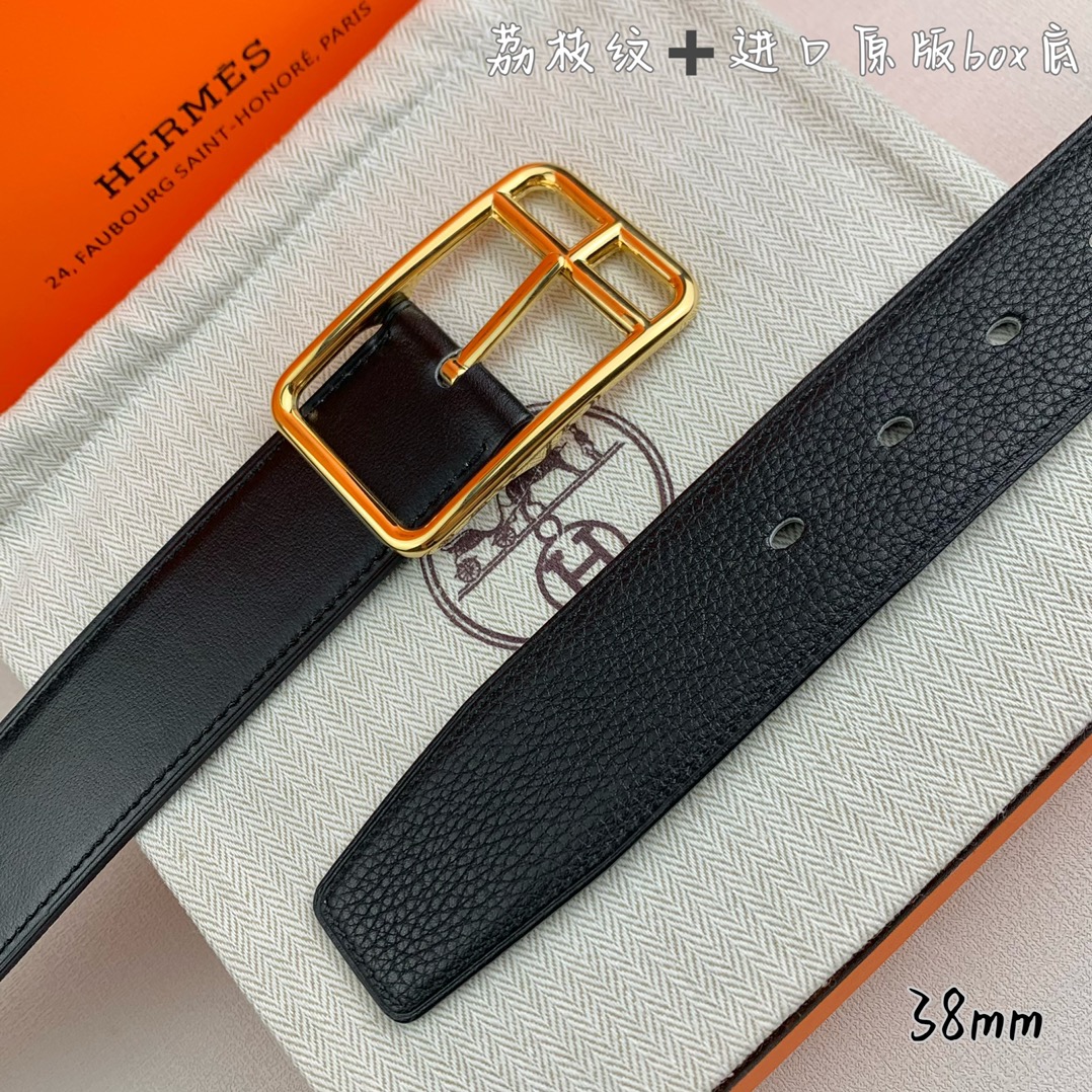 Hermès 爱马仕针扣  原单品质 进口头层牛皮 黑色荔枝纹搭配进口原版box黑色平纹底   38mm宽  双面可用 