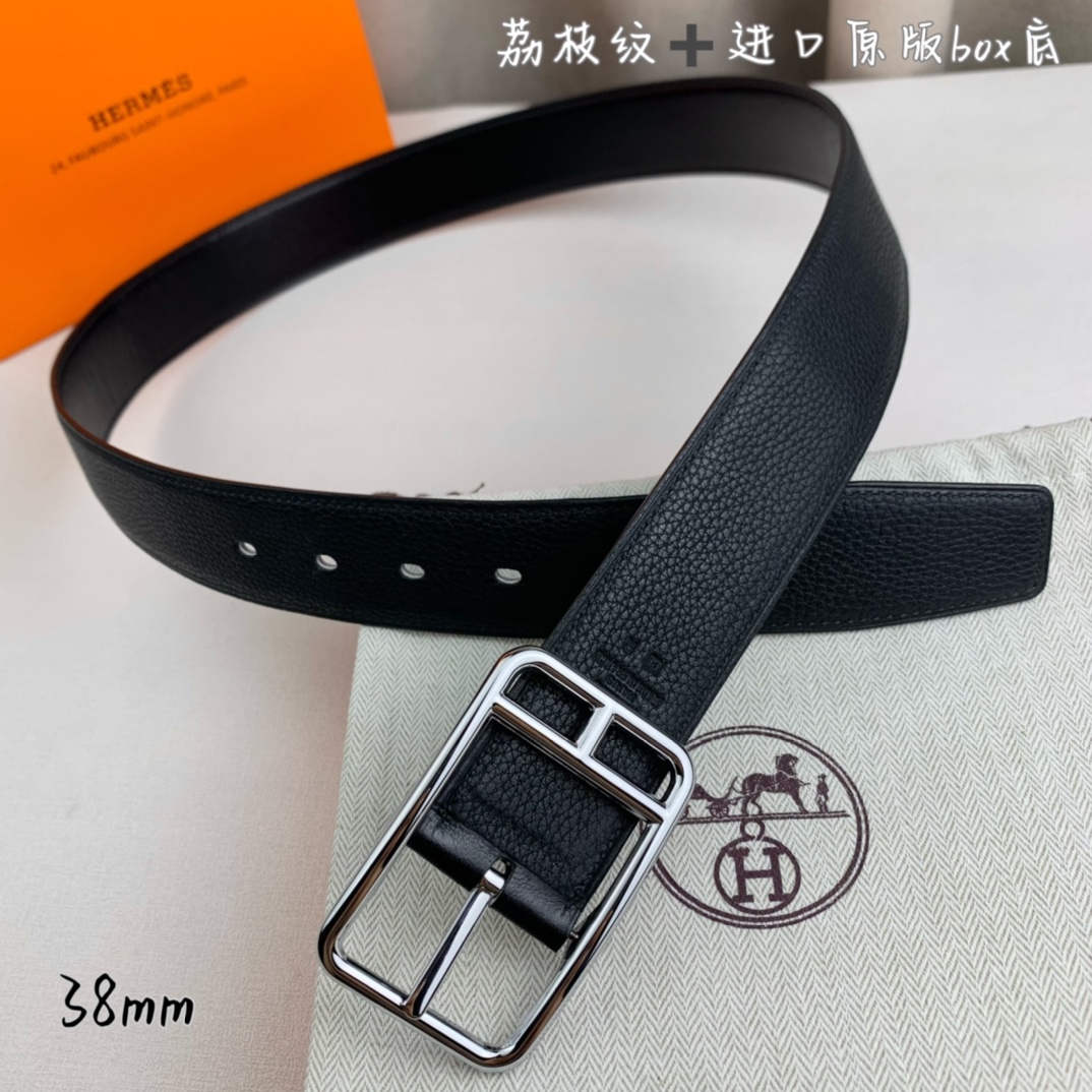 Hermès 爱马仕针扣  原单品质 进口头层牛皮 黑色荔枝纹搭配进口原版box黑色平纹底   38mm宽  双面可用 