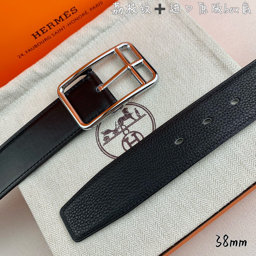Hermès 爱马仕针扣  原单品质 进口头层牛皮 黑色荔枝纹搭配进口原版box黑色平纹底   38mm宽  双面可用 