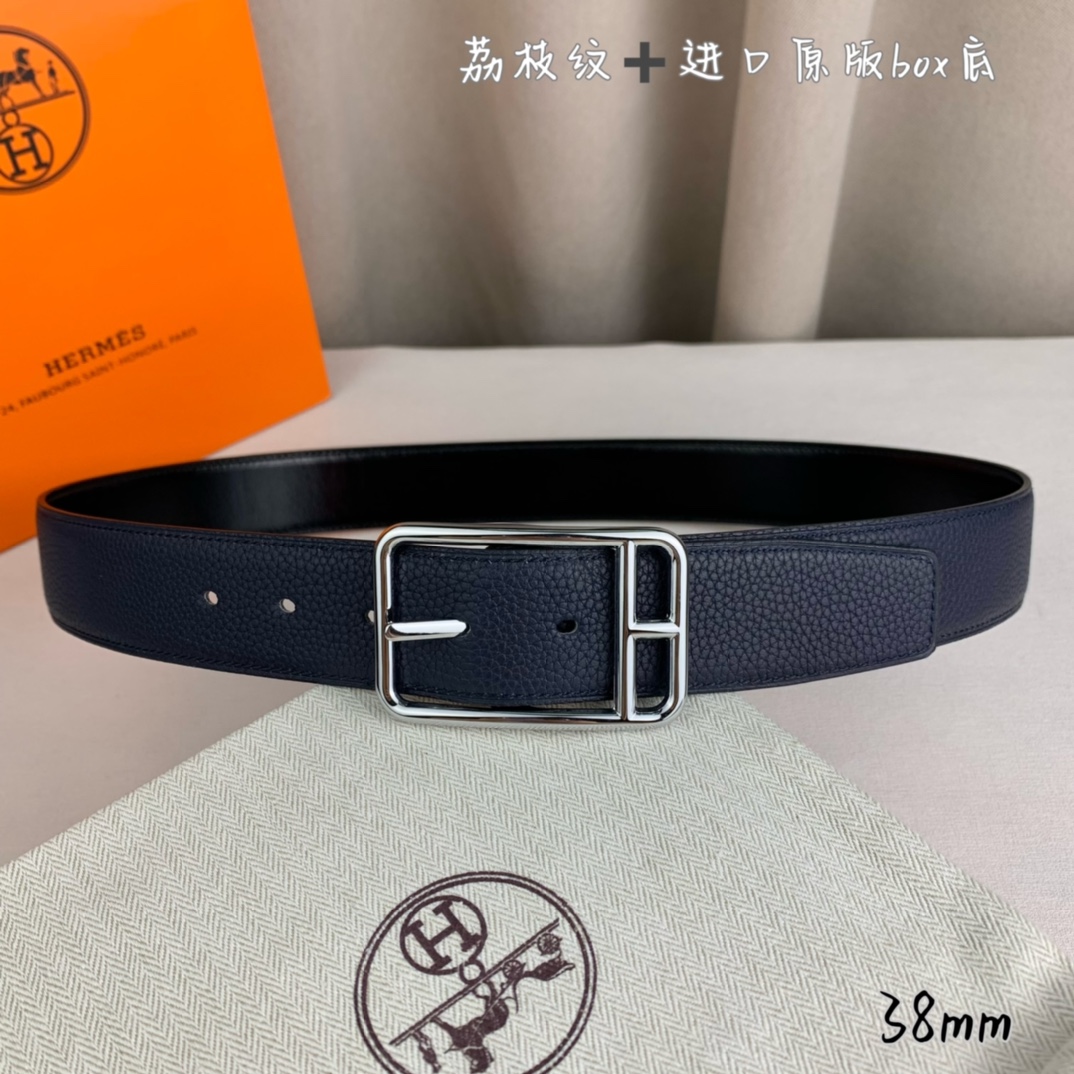 Hermès 爱马仕针扣  原单品质 进口头层牛皮 深蓝色荔枝纹搭配进口原版box黑色平纹底   38mm宽  双面可用