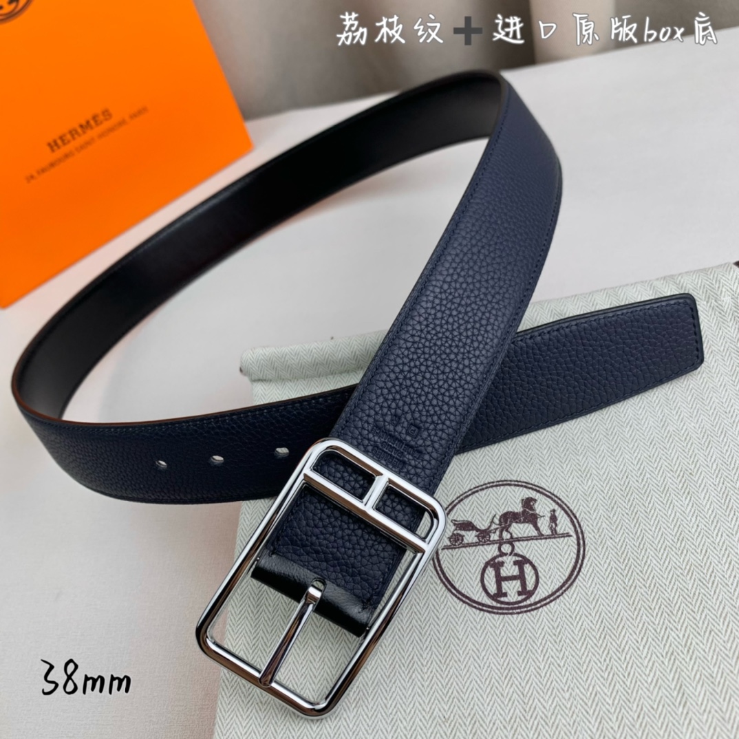 Hermès 爱马仕针扣  原单品质 进口头层牛皮 深蓝色荔枝纹搭配进口原版box黑色平纹底   38mm宽  双面可用
