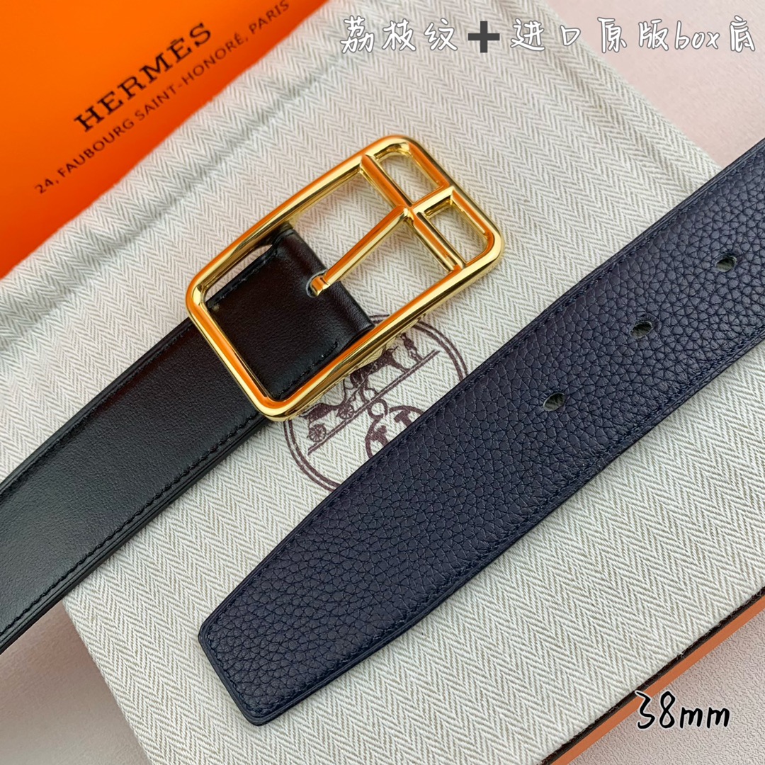 Hermès 爱马仕针扣  原单品质 进口头层牛皮 深蓝色荔枝纹搭配进口原版box黑色平纹底   38mm宽  双面可用