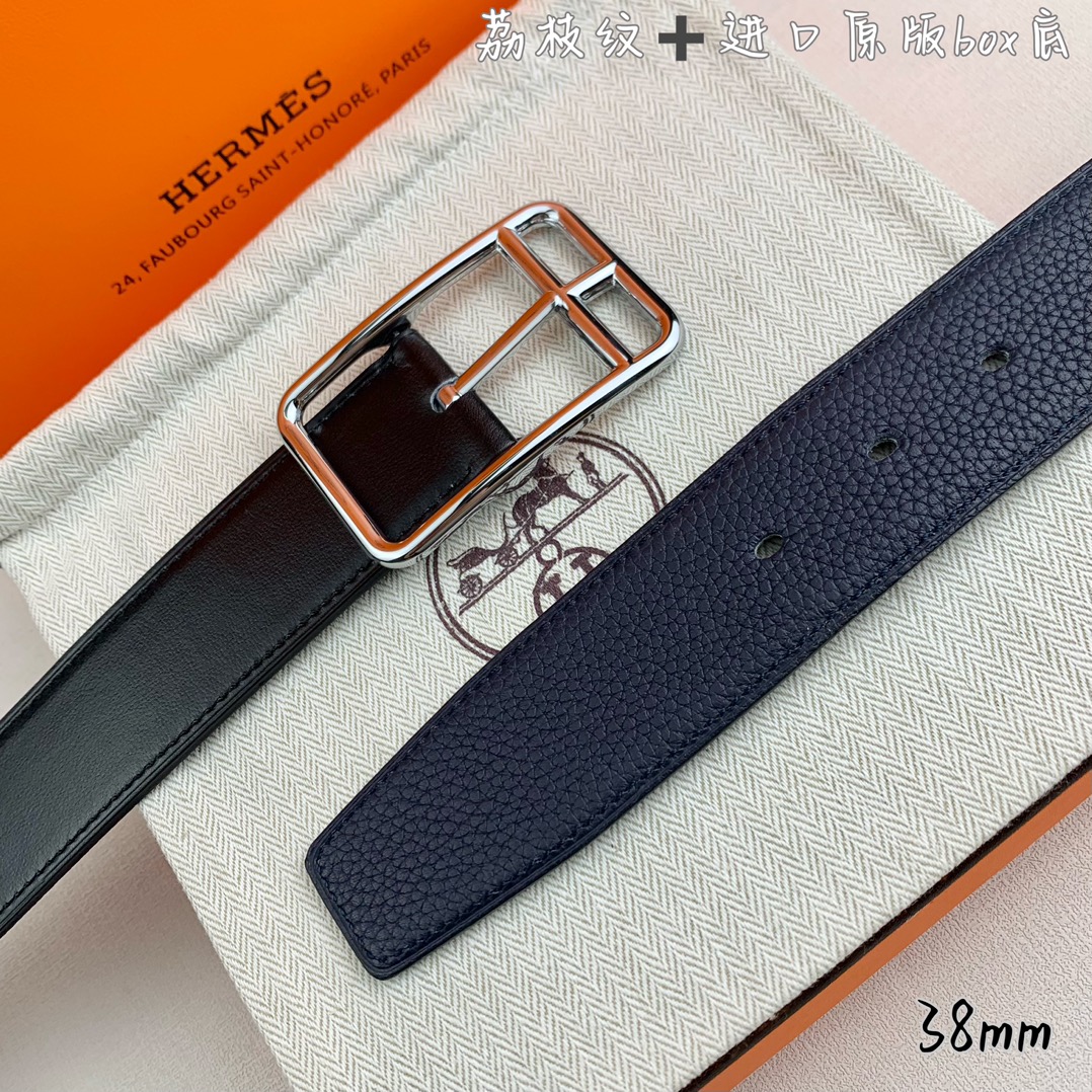 Hermès 爱马仕针扣  原单品质 进口头层牛皮 深蓝色荔枝纹搭配进口原版box黑色平纹底   38mm宽  双面可用