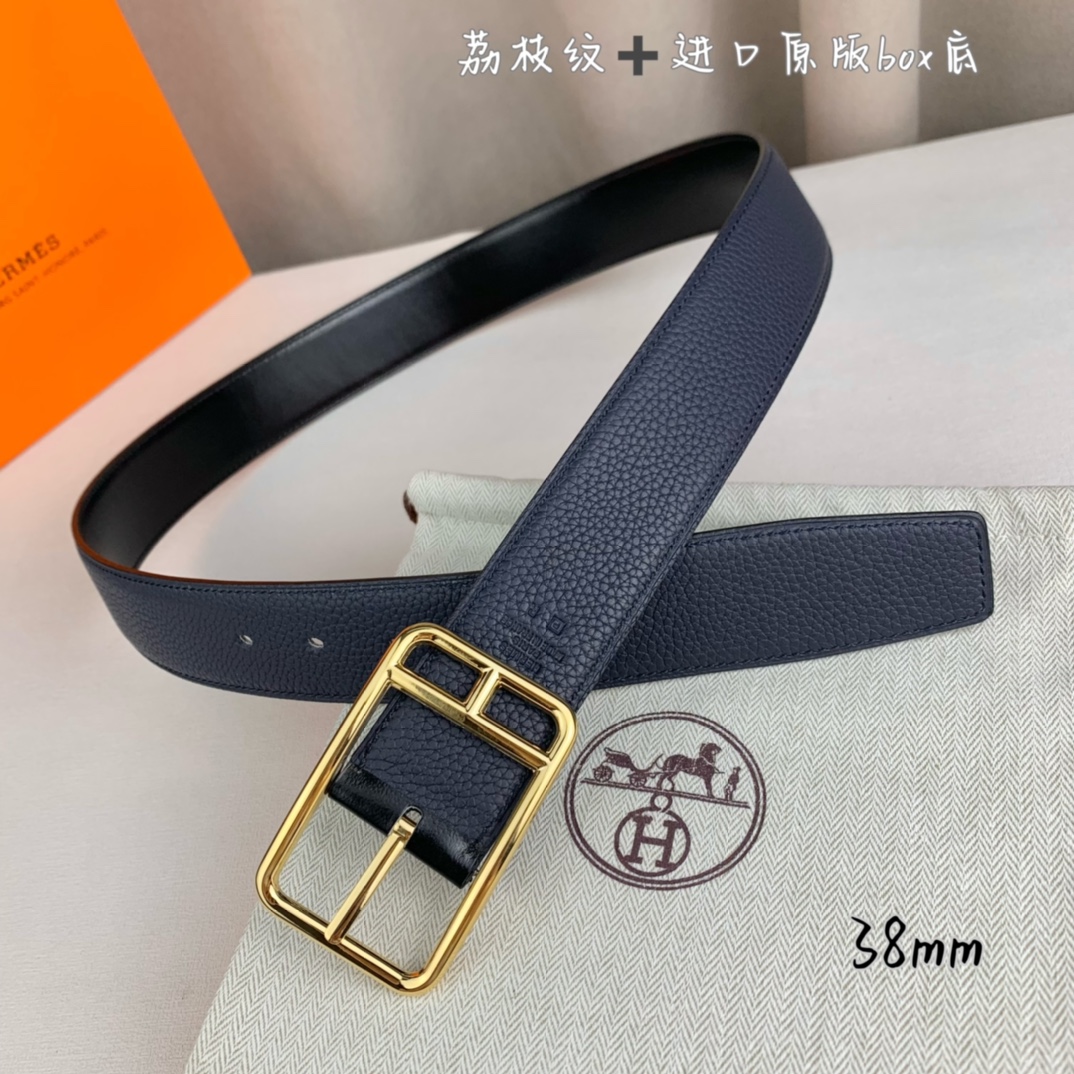 Hermès 爱马仕针扣  原单品质 进口头层牛皮 深蓝色荔枝纹搭配进口原版box黑色平纹底   38mm宽  双面可用