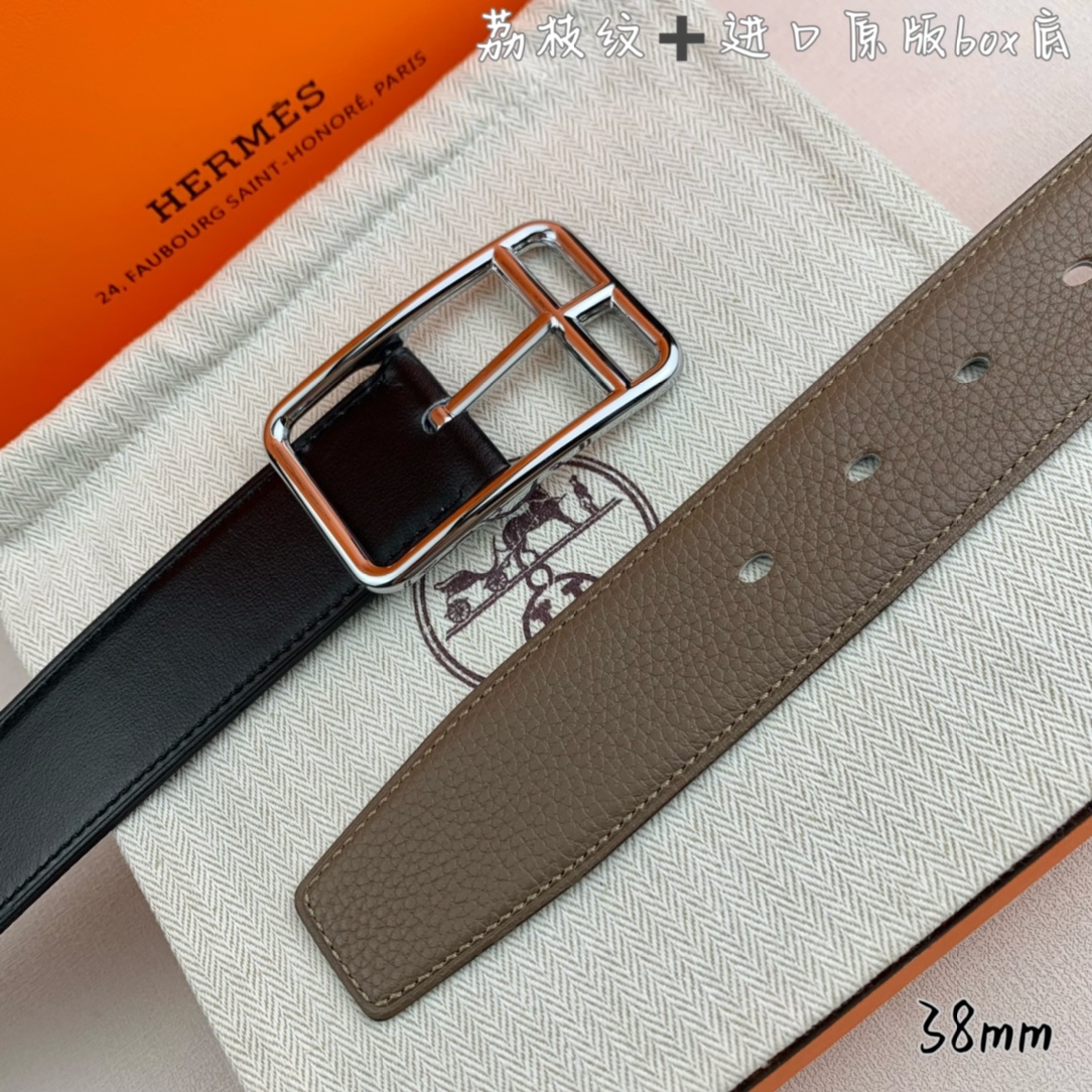 Hermès 爱马仕针扣  原单品质 进口头层牛皮 灰色荔枝纹搭配进口原版box黑色平纹底   38mm宽  双面可用 
