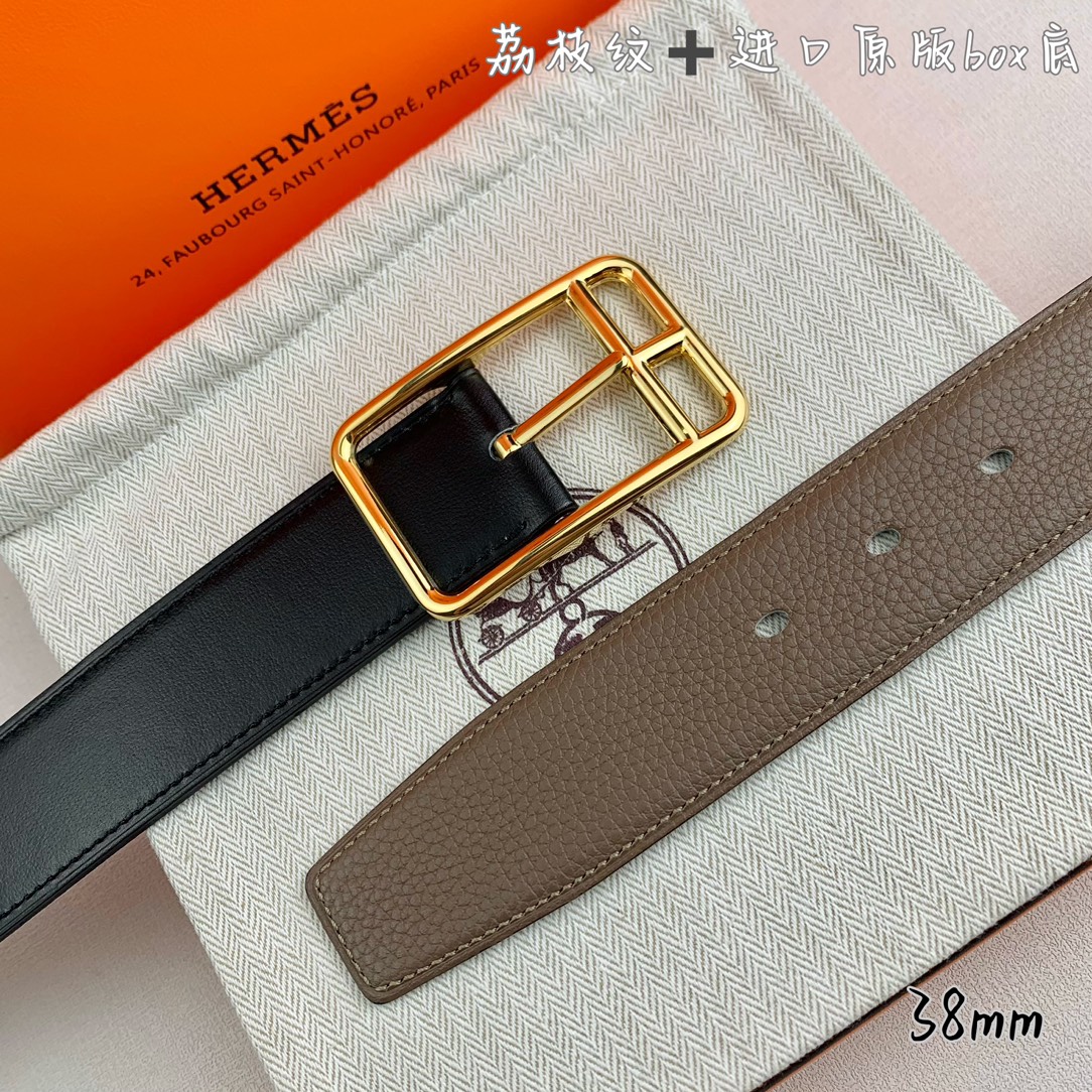 Hermès 爱马仕针扣  原单品质 进口头层牛皮 灰色荔枝纹搭配进口原版box黑色平纹底   38mm宽  双面可用 