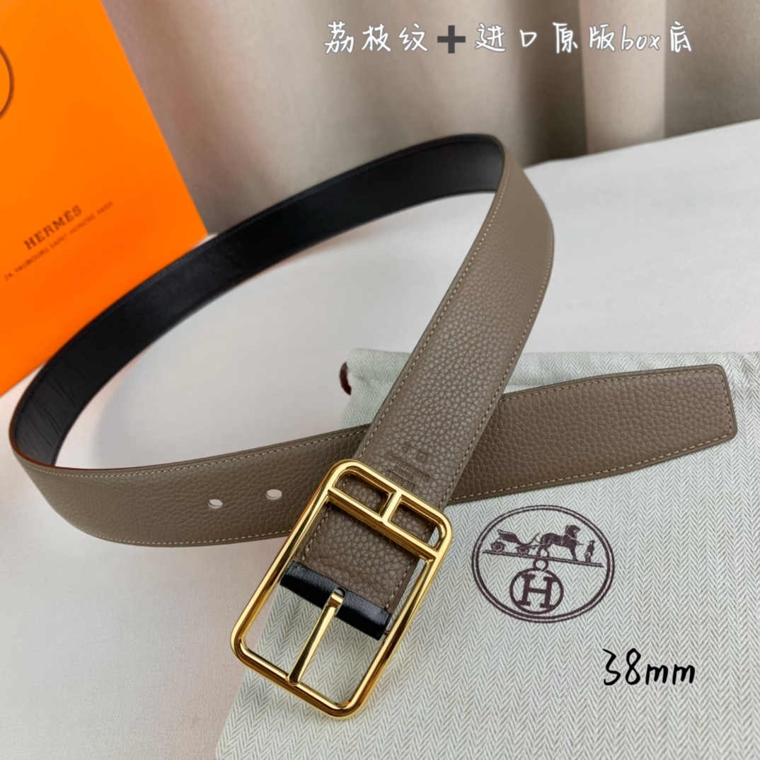 Hermès 爱马仕针扣  原单品质 进口头层牛皮 灰色荔枝纹搭配进口原版box黑色平纹底   38mm宽  双面可用 