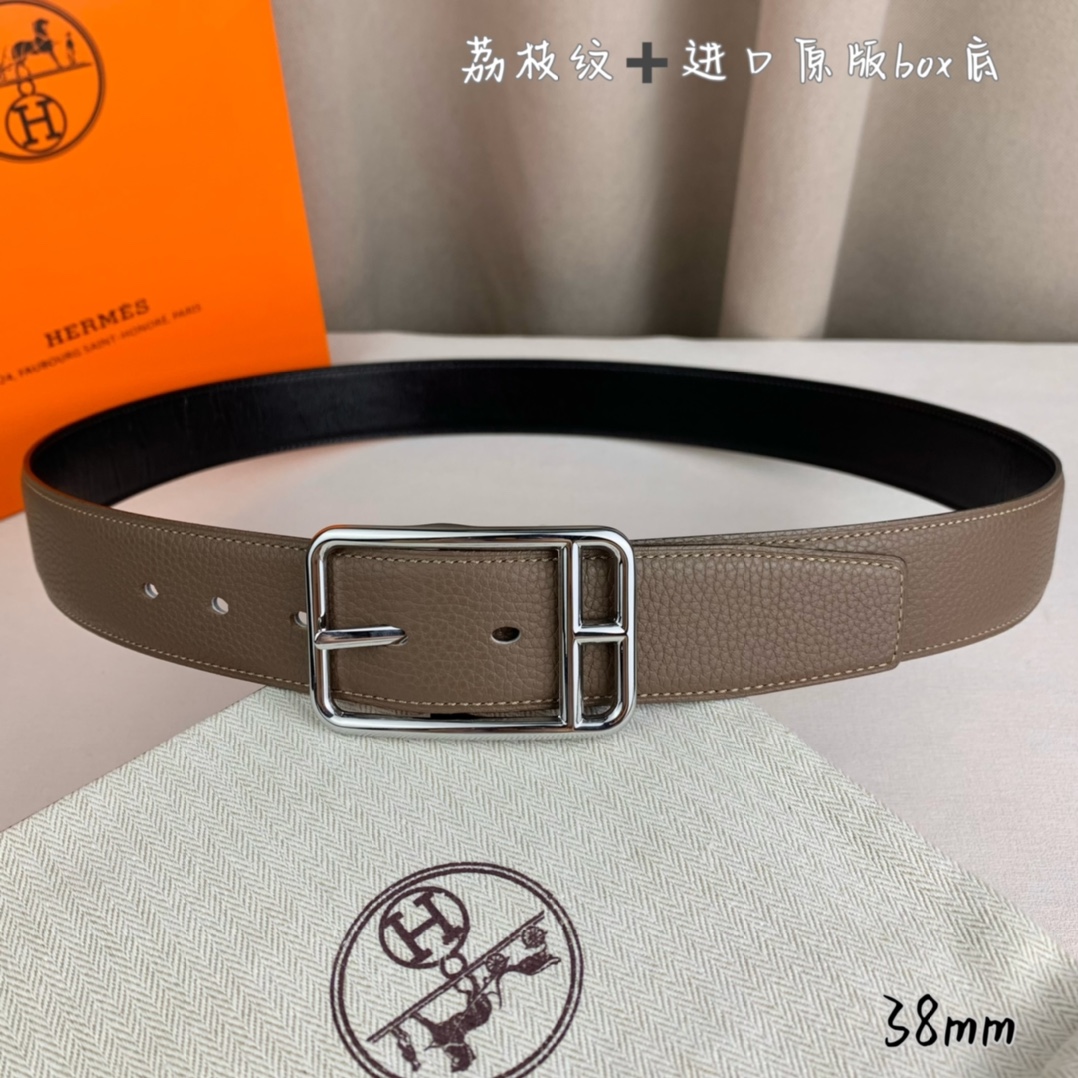 Hermès 爱马仕针扣  原单品质 进口头层牛皮 灰色荔枝纹搭配进口原版box黑色平纹底   38mm宽  双面可用 
