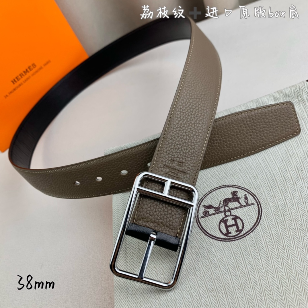 Hermès 爱马仕针扣  原单品质 进口头层牛皮 灰色荔枝纹搭配进口原版box黑色平纹底   38mm宽  双面可用 
