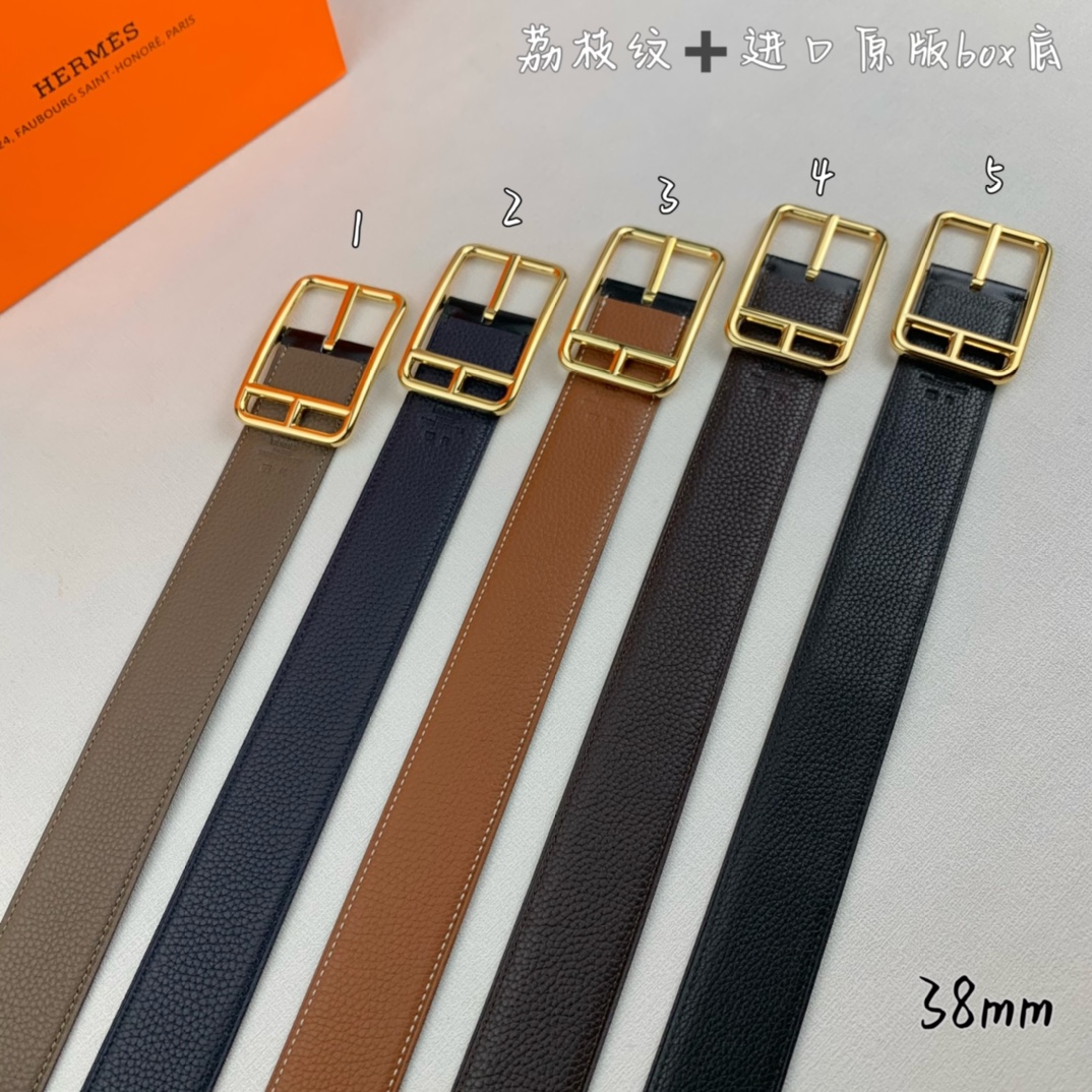 Hermès 爱马仕针扣  原单品质 进口头层牛皮 荔枝纹搭配进口原版box黑色平纹底   38mm宽  双面可用  配