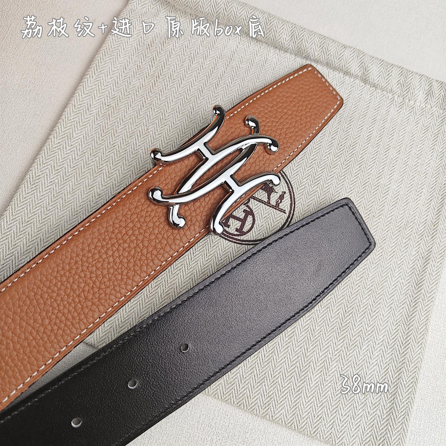 Hermès爱马仕双头尖双面原版原单品质进口头层牛皮土黄色荔枝纹搭配黑色平纹寸半38mm配官网双H新款亮