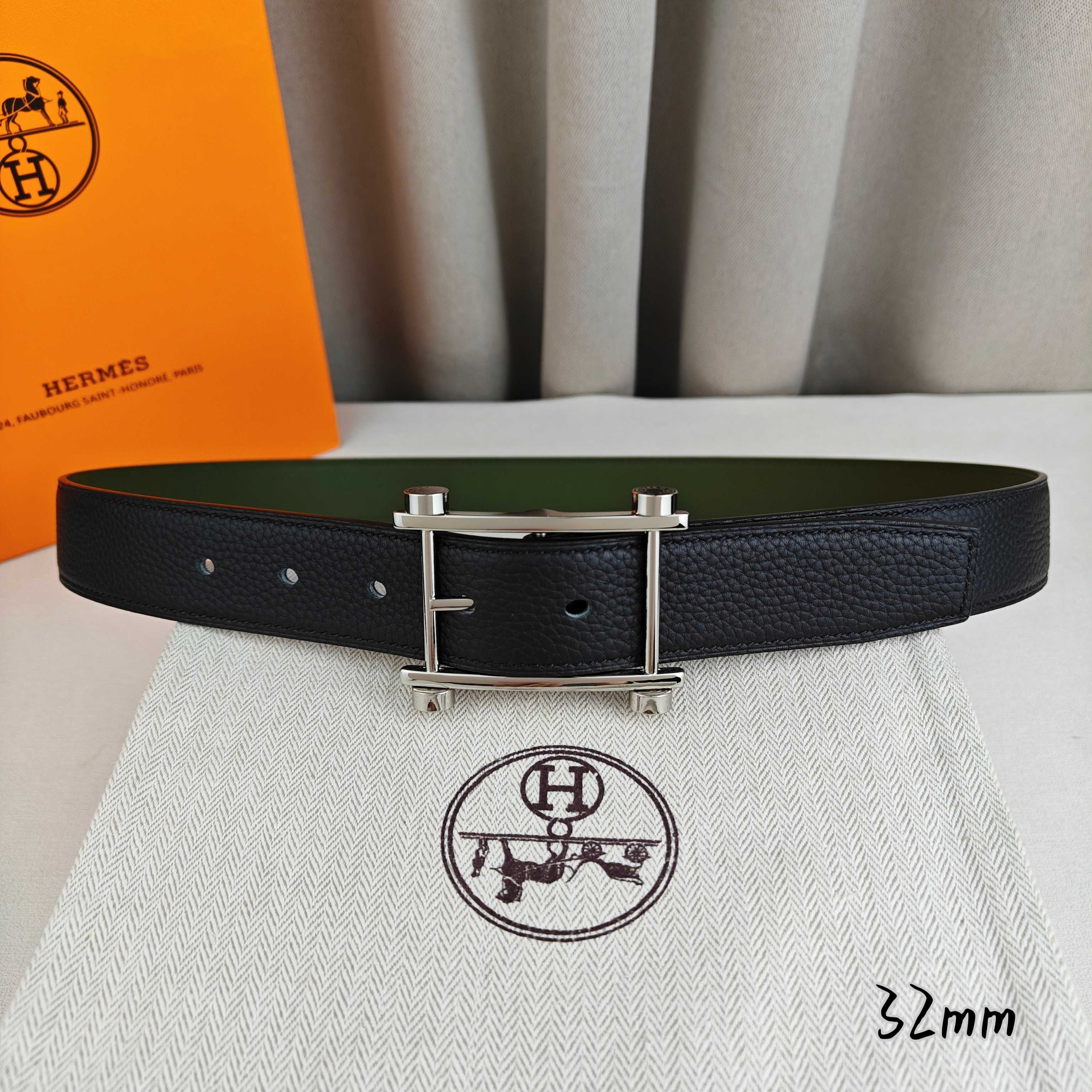 zydlb【配包装】  Hermès 爱马仕针扣  原单品质 头层牛皮 黑色荔枝纹搭配绿色平纹底   32mm宽  双面可用  配官网经典H银/金扣