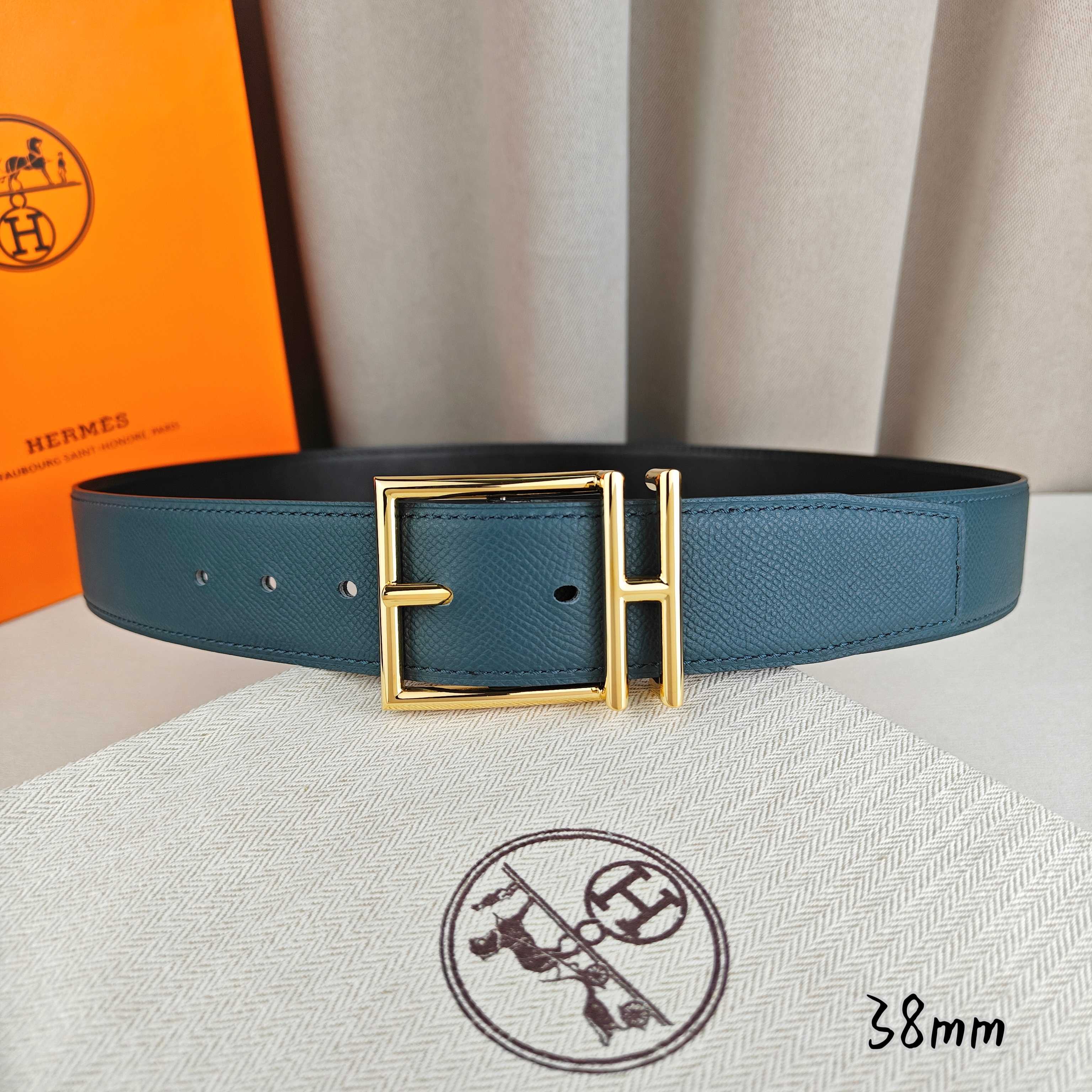 ZZ【配包装】Hermès 爱马仕针扣  原单品质 进口头层牛皮 靛蓝色手掌纹搭配黑色平纹   mm宽  双面可用  配官网H亮银/亮金扣