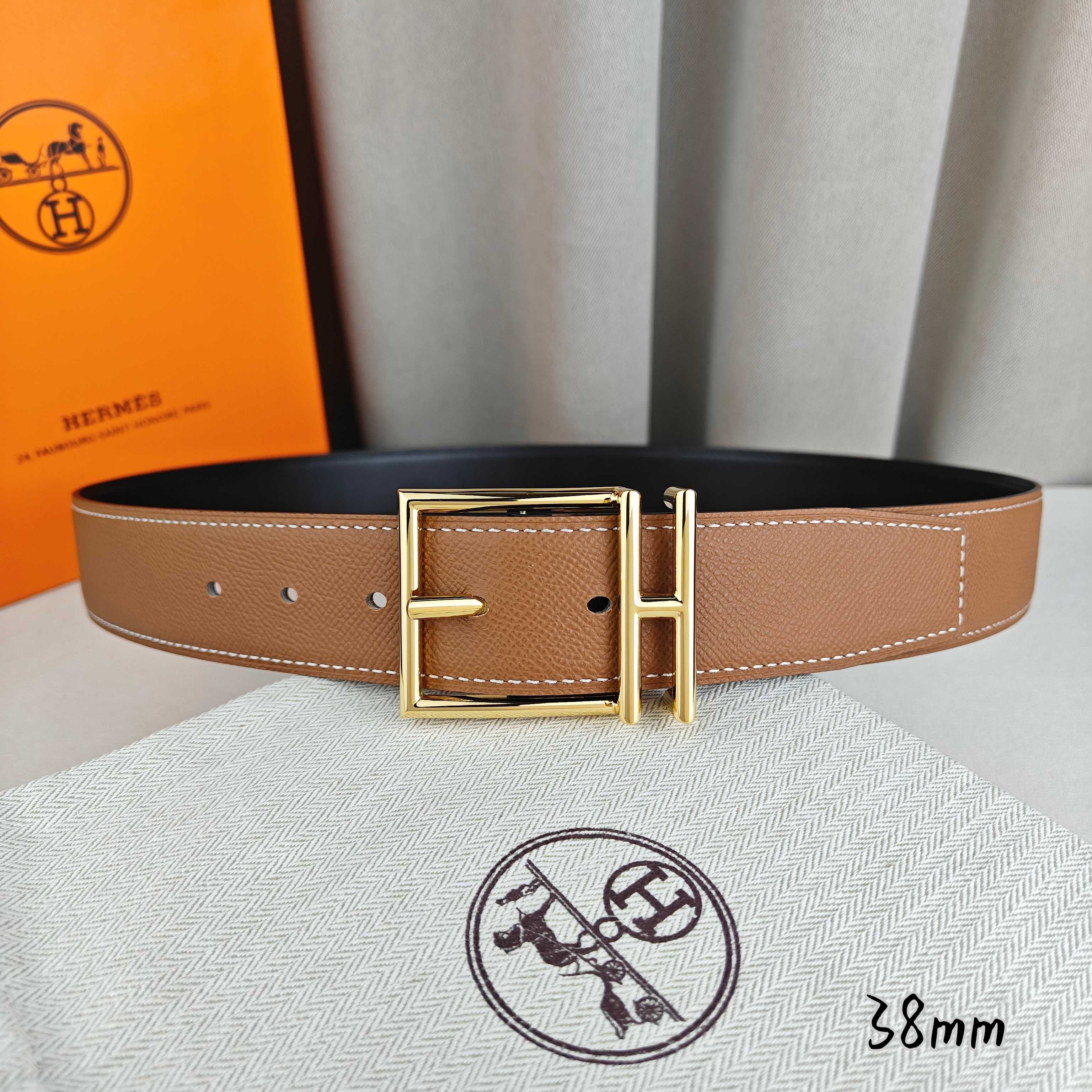 ZZ【配包装】Hermès 爱马仕针扣  原单品质 进口头层牛皮 靛蓝色手掌纹搭配黑色平纹   mm宽  双面可用  配官网H亮银/亮金扣