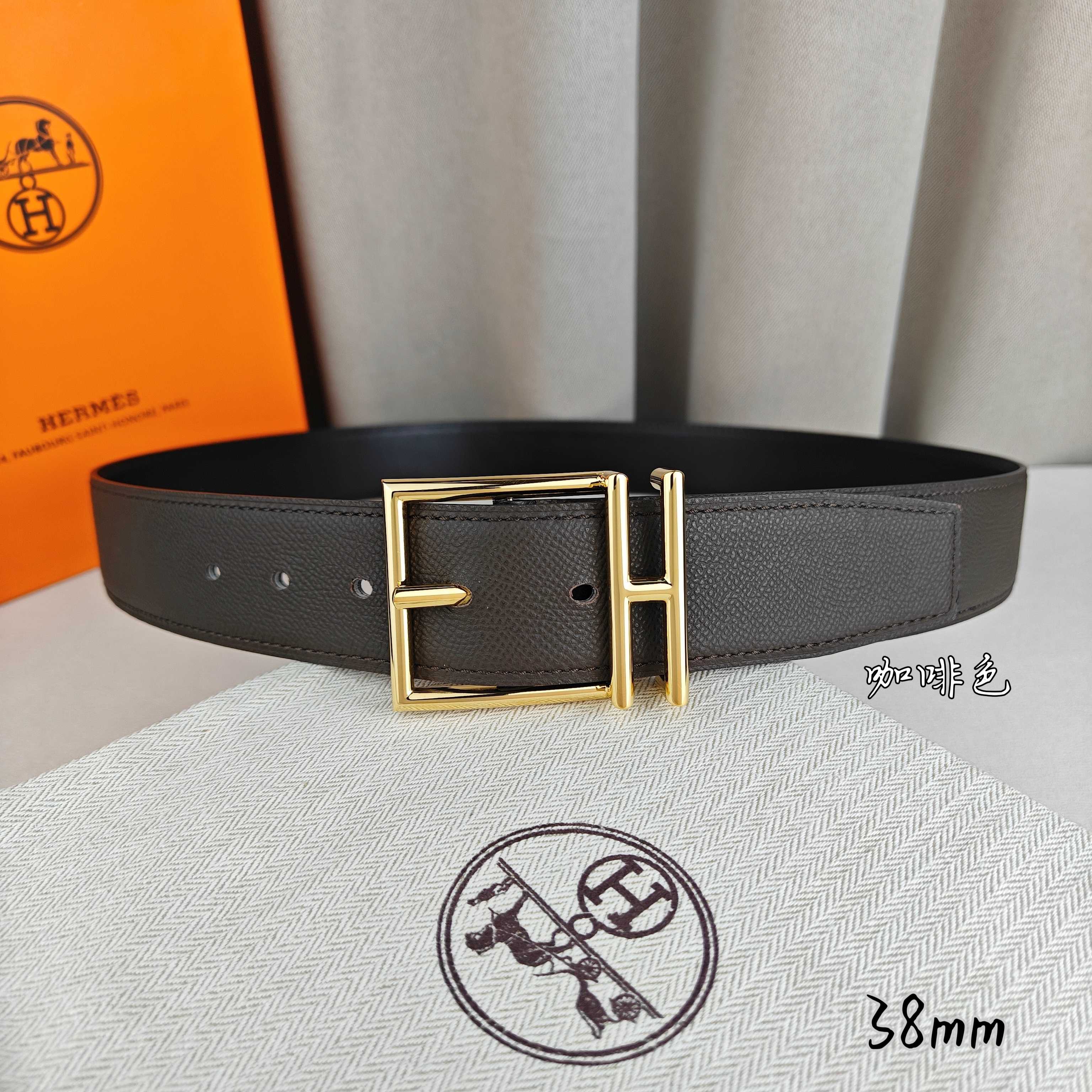 ZZ【配包装】Hermès 爱马仕针扣  原单品质 进口头层牛皮 靛蓝色手掌纹搭配黑色平纹   mm宽  双面可用  配官网H亮银/亮金扣