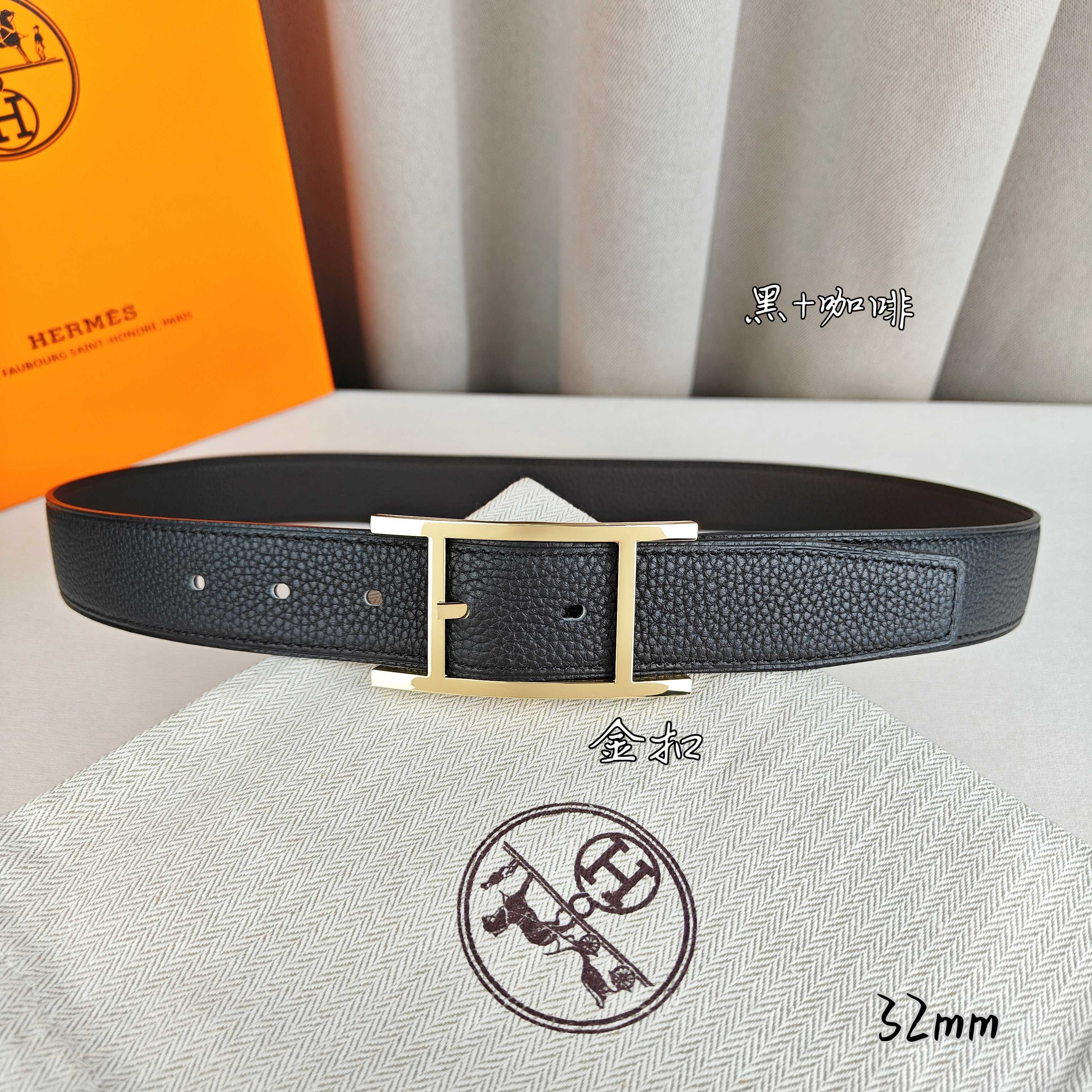 Hermès 爱马仕针扣皮带 原单品质 双面荔枝纹 黑+咖啡 32mm宽